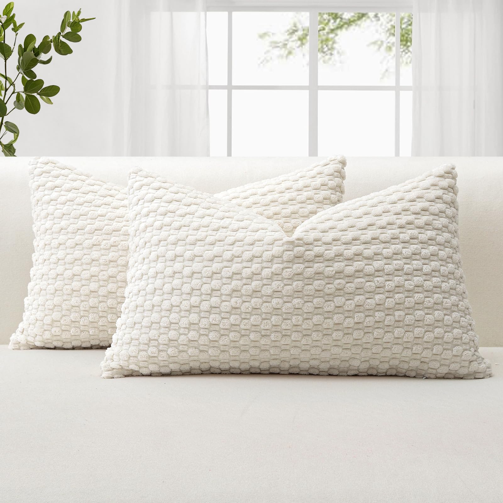 JOTOM Corduroy Soft Decorative Cushion Covers 30x50 cm Set of 2 Decorative Throw Pillow Covers with 3D Bubble Texture Pillowcase for Couch Sofa Bedroom Soft Cushion Case for Home Decor (Cream White)