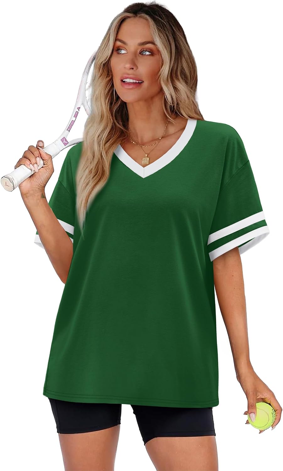 WIHOLL Womens T Shirts Loose Fit Short Sleeve Tees V Neck Color Block Summer Tops 2026 Fashion S-4XL image 3
