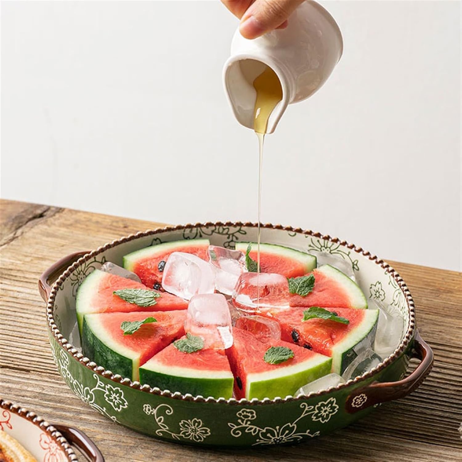 Lasagna Pans Round Pizza Pan Ceramic Double Ear Baking Pan Oven with Special Household Cheese Baked Rice Tray Lasagne Dish,Green-10.8inches