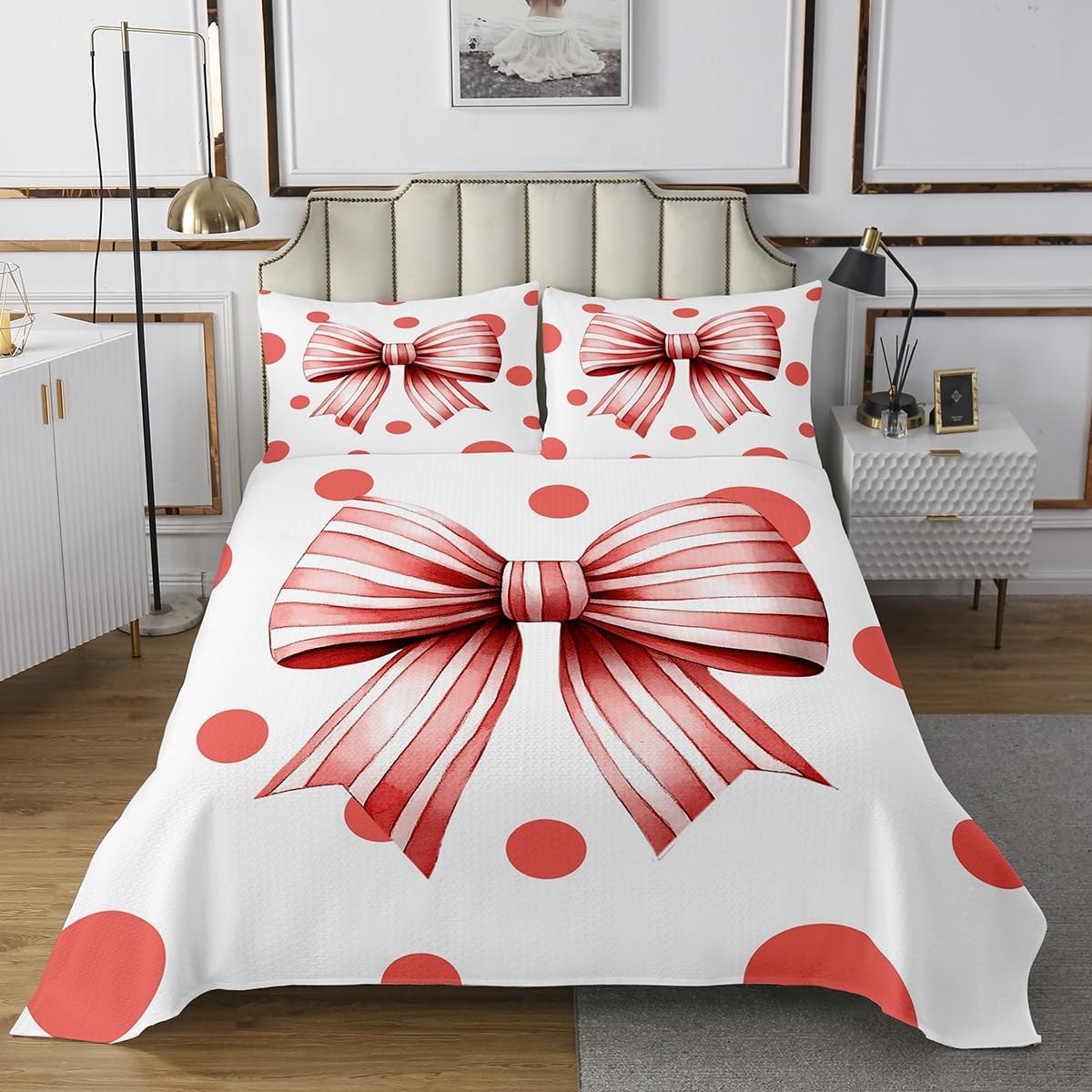 Erosebridal Red Bowknot Bedspread Set King Size,Girls Fantasy Coquette Bow Coverlet Set for Kids Teens,Kawaii Butterfly Bowtie Bed Set for Bow Lovers,Striped Bow-tie Bedding Set