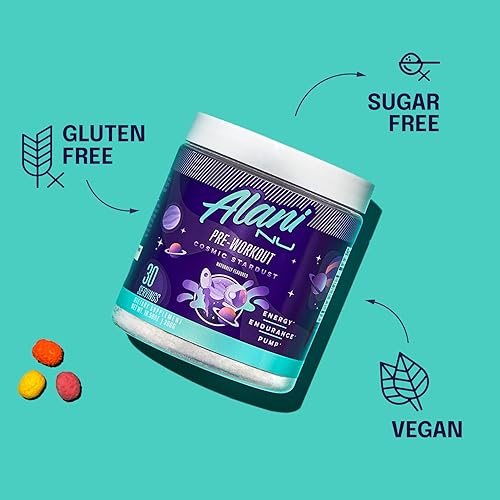Miniatura 6 de Alani Nu Cosmic Stardust - Paquete de polvo para antes del entrenamiento y BCAA Sour Peach Rings Post Workout  L-teanina, beta-alanina, citrulina