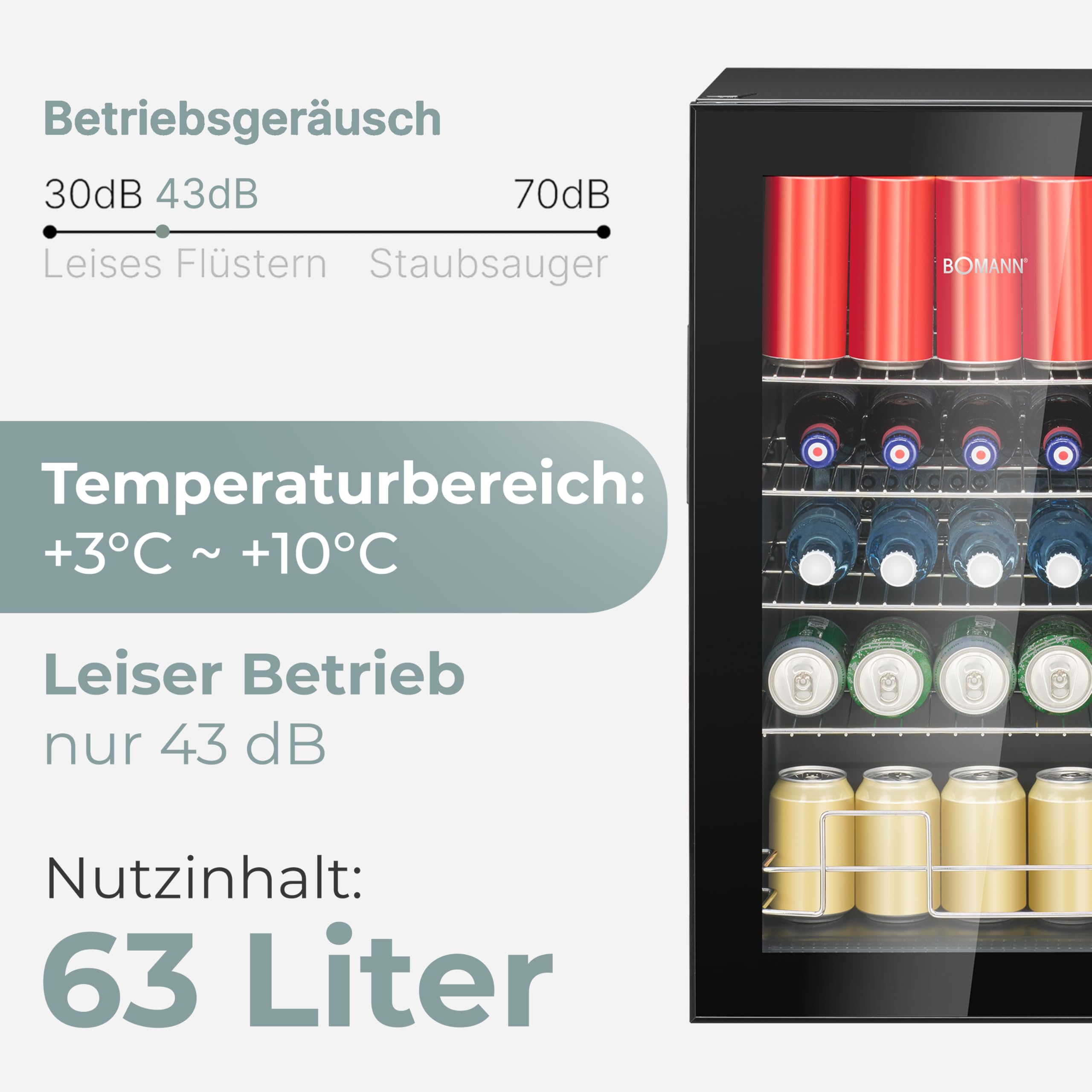 Bomann KSG 7515 Kühlschrank mit Glastür 63 L Flaschenkühlschrank Getränkekühlschrank LED-Beleuchtung leise