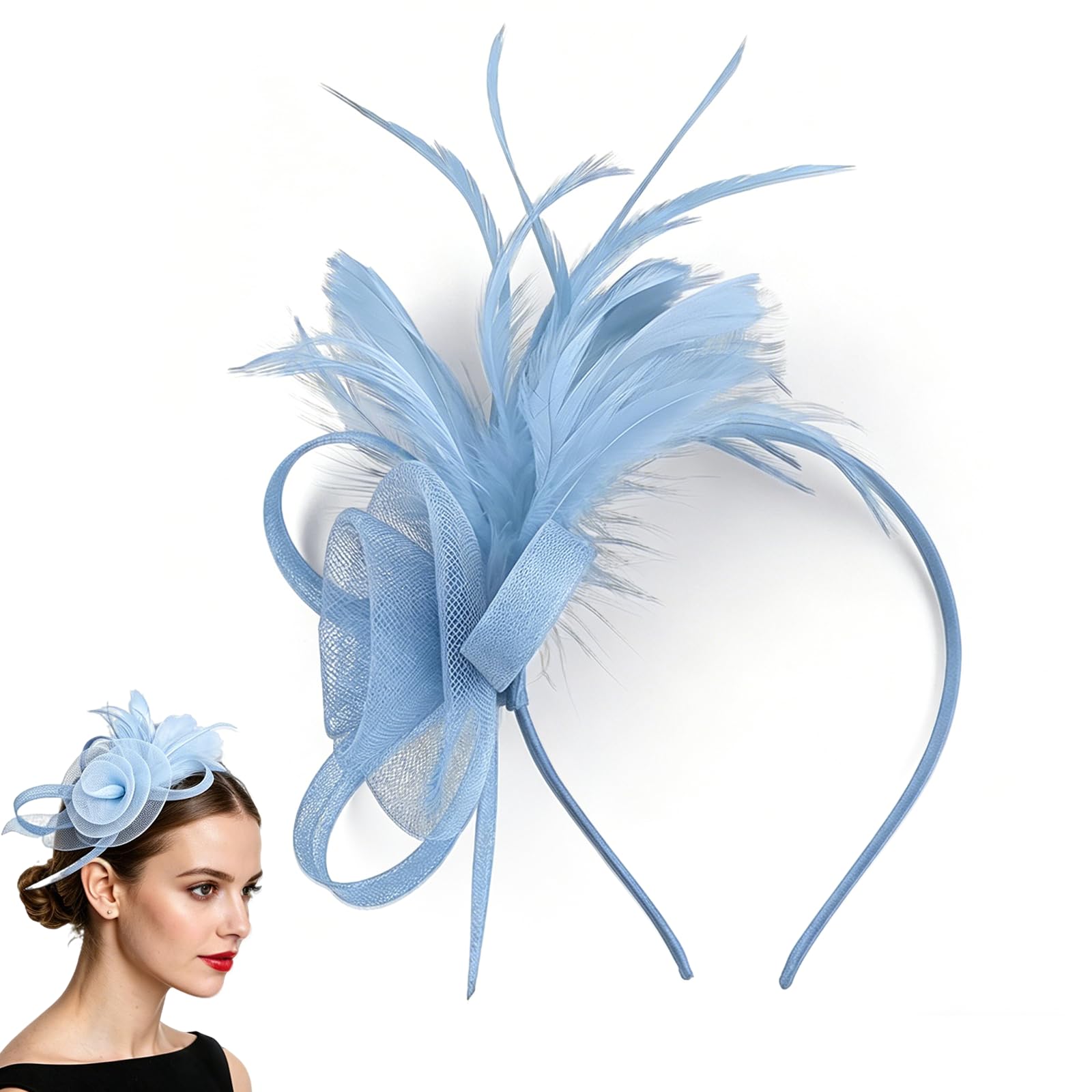 Chersun Women's Gray Blue Fascinators For Elegant Net Fascinator Wedding Hat Clip, Vintage Lace Feather Fascinators For Weddings, Fascinator For Wedding Cocktail Evening Garden Tea Party (Gray Blue)