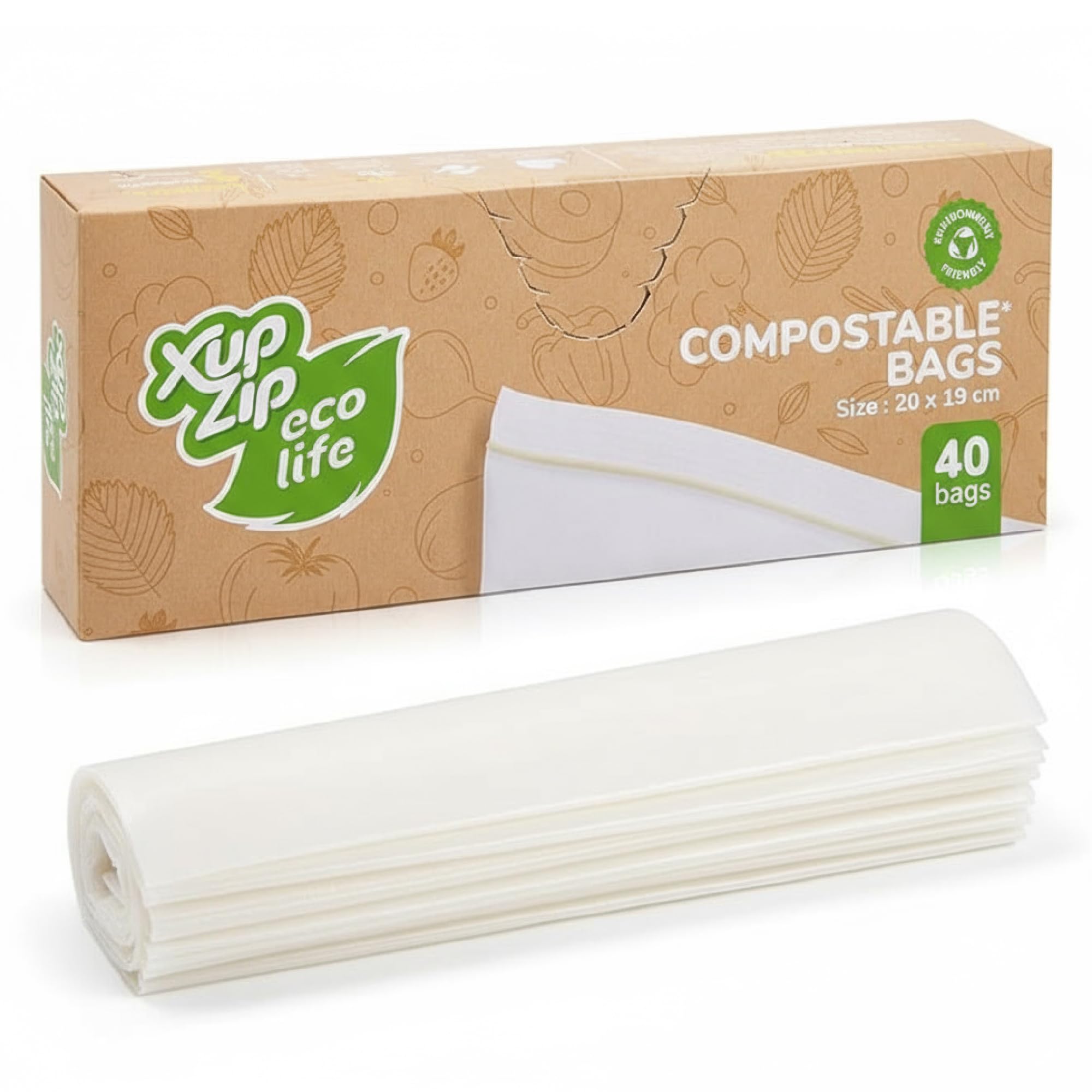 XupZip Eco Life Compostable Food Bags – 20 cm x 19 cm Small Freezer Bag with Airtight Seal – Multipurpose Resealable Zip Lock Bags for Home, Work, and Travel, 40 Pcs