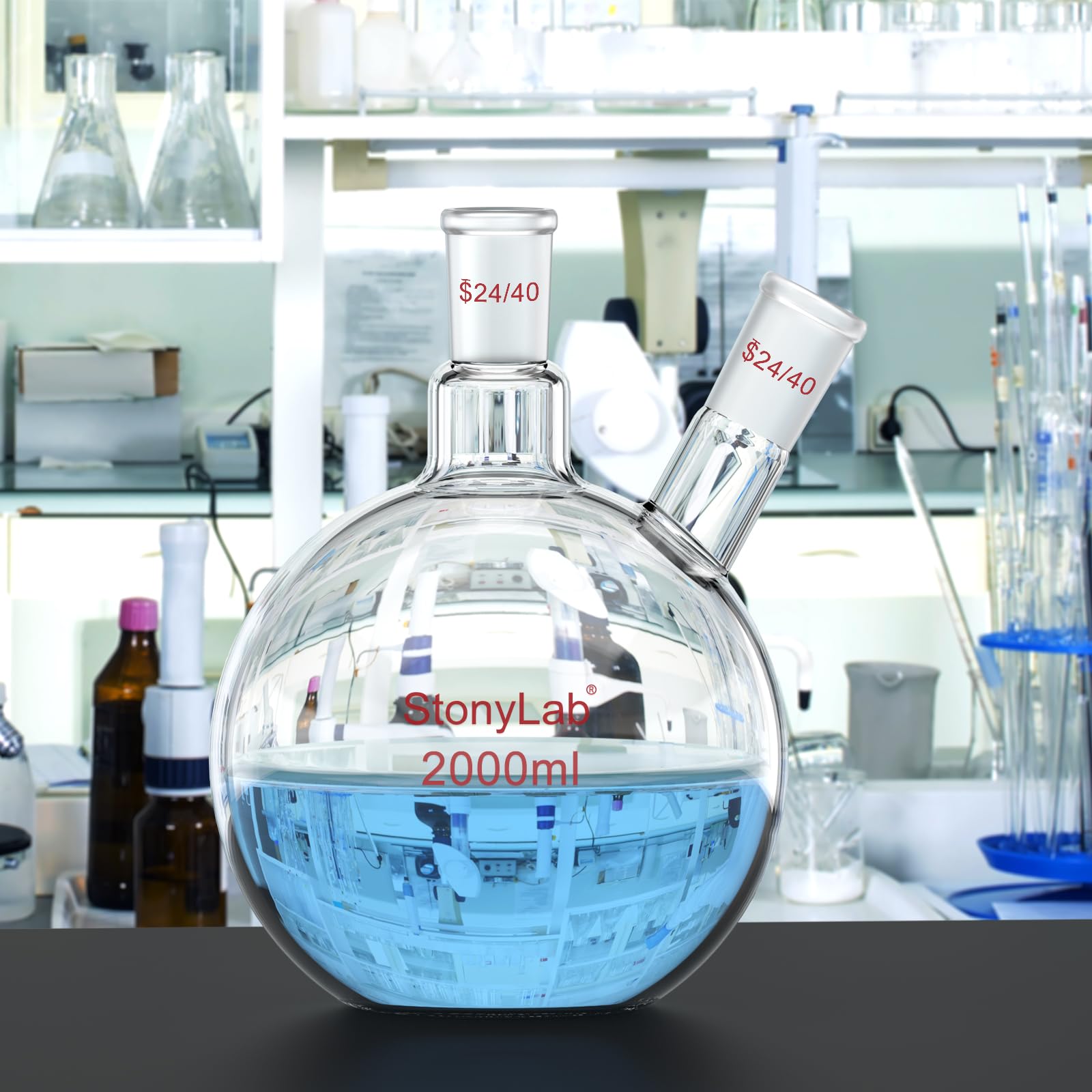 stonylab Pallone a Fondo Piatto FBF, Muro Pesante 2-Collo Fiaschetta da Laboratorio Vetro Borosilicato Fondo Piatto Pallone Bollente con 24/40 Giunto Standard, 2000 ml (2 L)