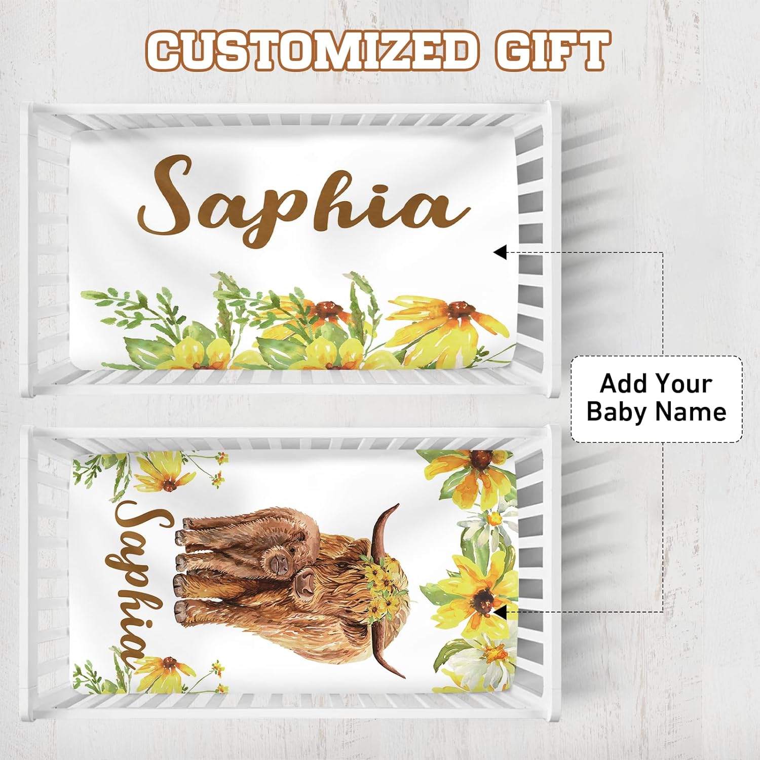 Custom Name Toddler 2 Piece Bedding for Girls - Toddler Bedding Sheets for Girls and Boys with Name, Portable Soft Cotton Fitted Sheets for Kids, Highland Cow Print