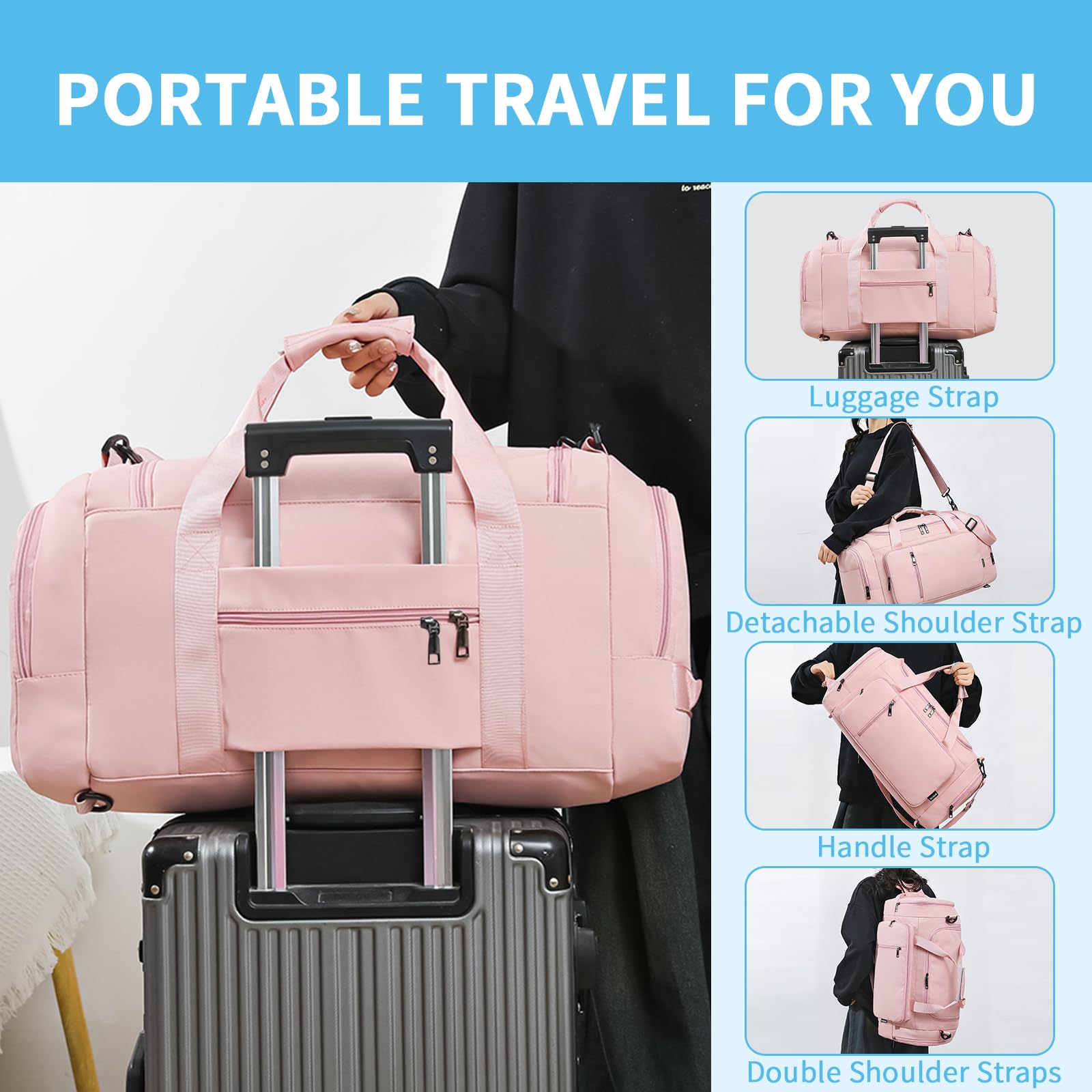 Duffle Bag for Women Travel Duffel Bag with Shoe Compartment Wet Pocket Weekend Duffel Bag Hospital Duffel Bag for Travel 30L, Pink, Travel bag - 2