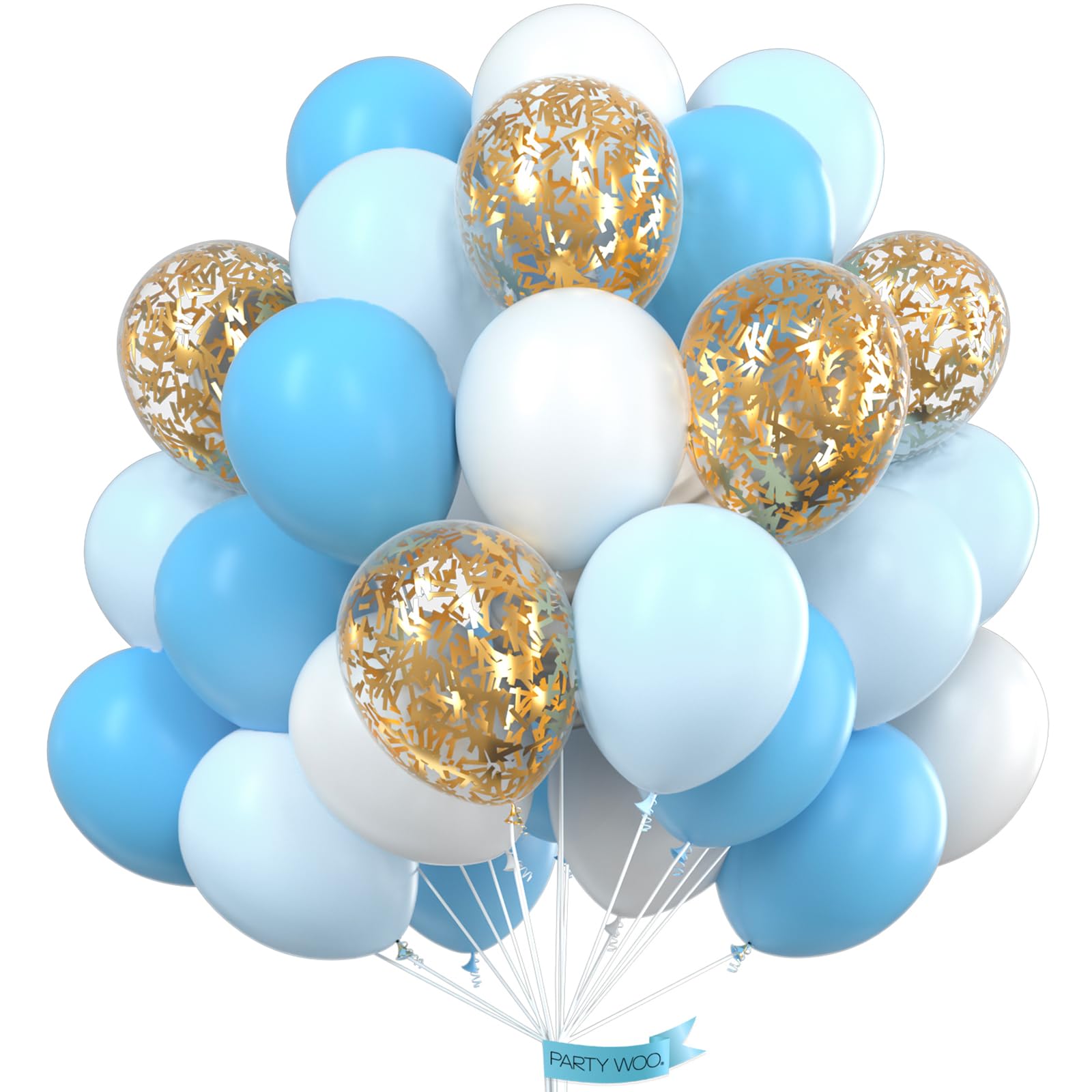PartyWoo Blue and White Balloons 70 pcs 12 Inch Sky Blue Balloons Baby Blue Balloons White Balloons Gold Confetti Balloons Boy Baby Shower Decorations for Blue Baby Shower, Boy Birthday, Toddler Party