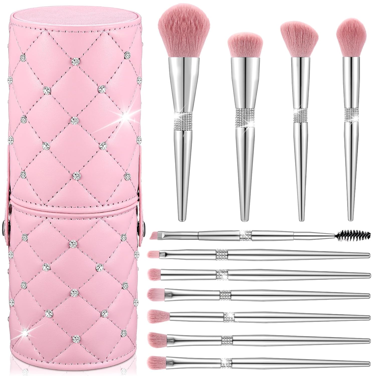 Baderke 11 Pcs Elegant Pink Soft Labeled Christmas Makeup Brushes Sets with Brush Holder Rhinestone Makeup Set with Silver Pink Foundation Powder Blush Blending Contour Brush