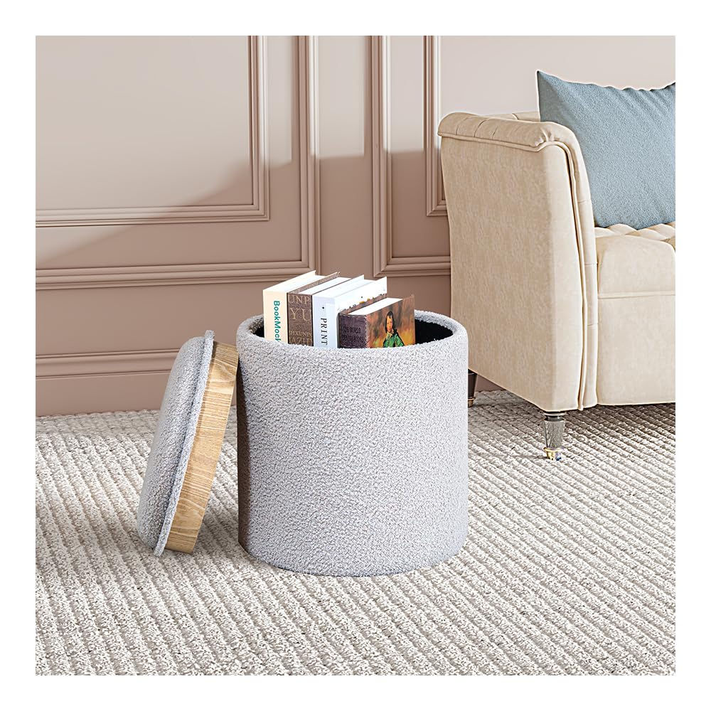 PINPLUS Round Boucle Ottoman with Tray, Storage Teddy Velvet Footstool Ottoman Cube for Living Room, Bedroom, Dorm 13.4"x13.4"x15" (Grey)