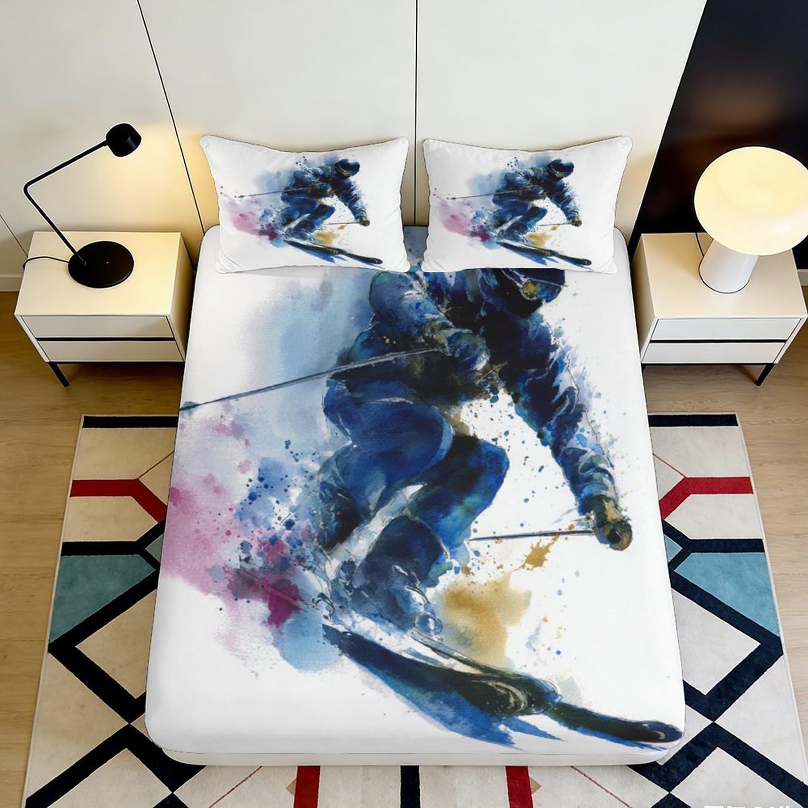3D Printed Skiing Athlete Fitted Sheet Microfiber Soft Durable Snow Sports Bed Sheet for Bedroom Dormitory Guest Room Mattress Protection Decor 200x200x25cm