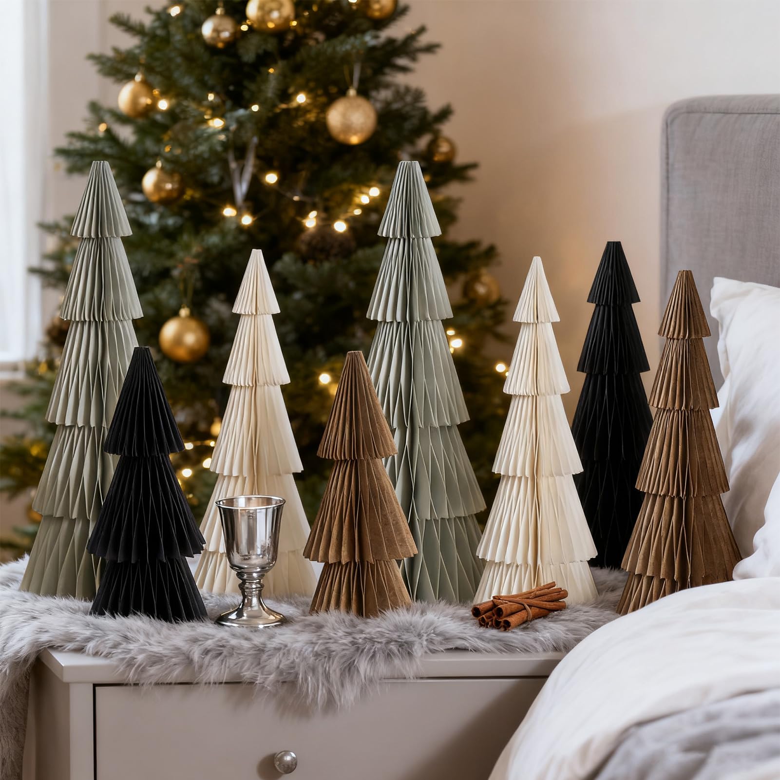 SUNBEAUTY Lot de 8 sapins de Noël en papier nid d'abeille - Décoration d'arbre en papier 3D - Design magnétique - Pour table à manger, armoire, rebord de fenêtre, cheminée, décoration de Noël