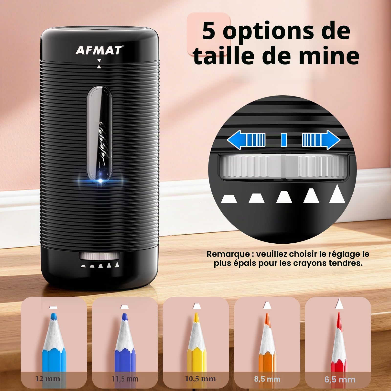 AFMAT Taille-crayon électrique entièrement automatique avec récipient, rechargeable pour crayons de 6,5 à 12 mm, entrée et sortie automatique, arrêt automatique pour la maison, le bureau, l'école