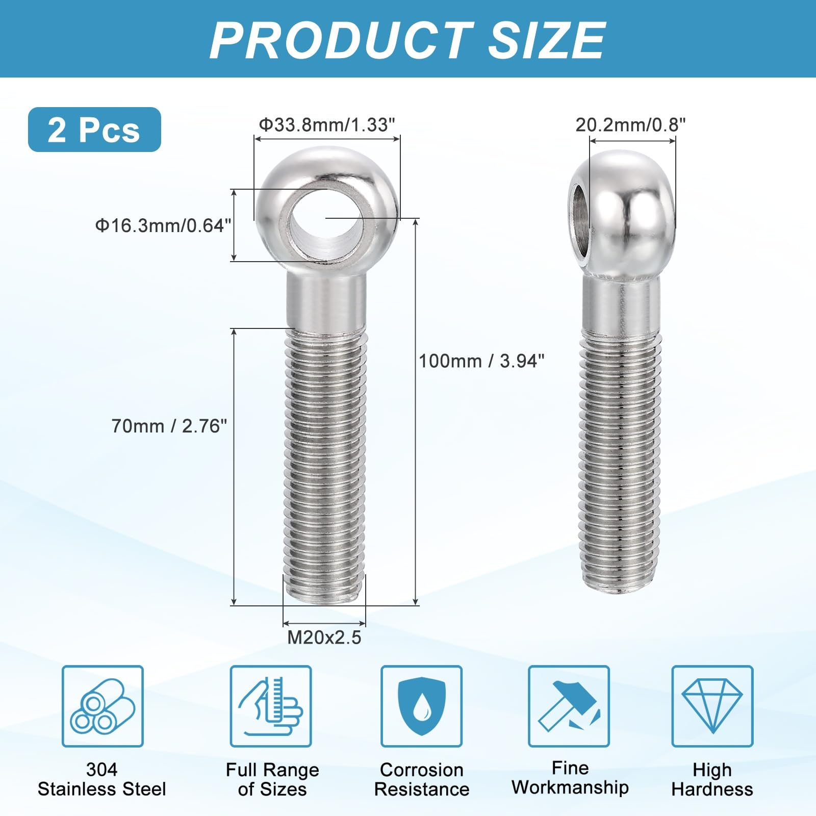 PATIKIL 2 Pcs M20x100mm Shoulder Swing Lifting Eye Bolt - Image 2