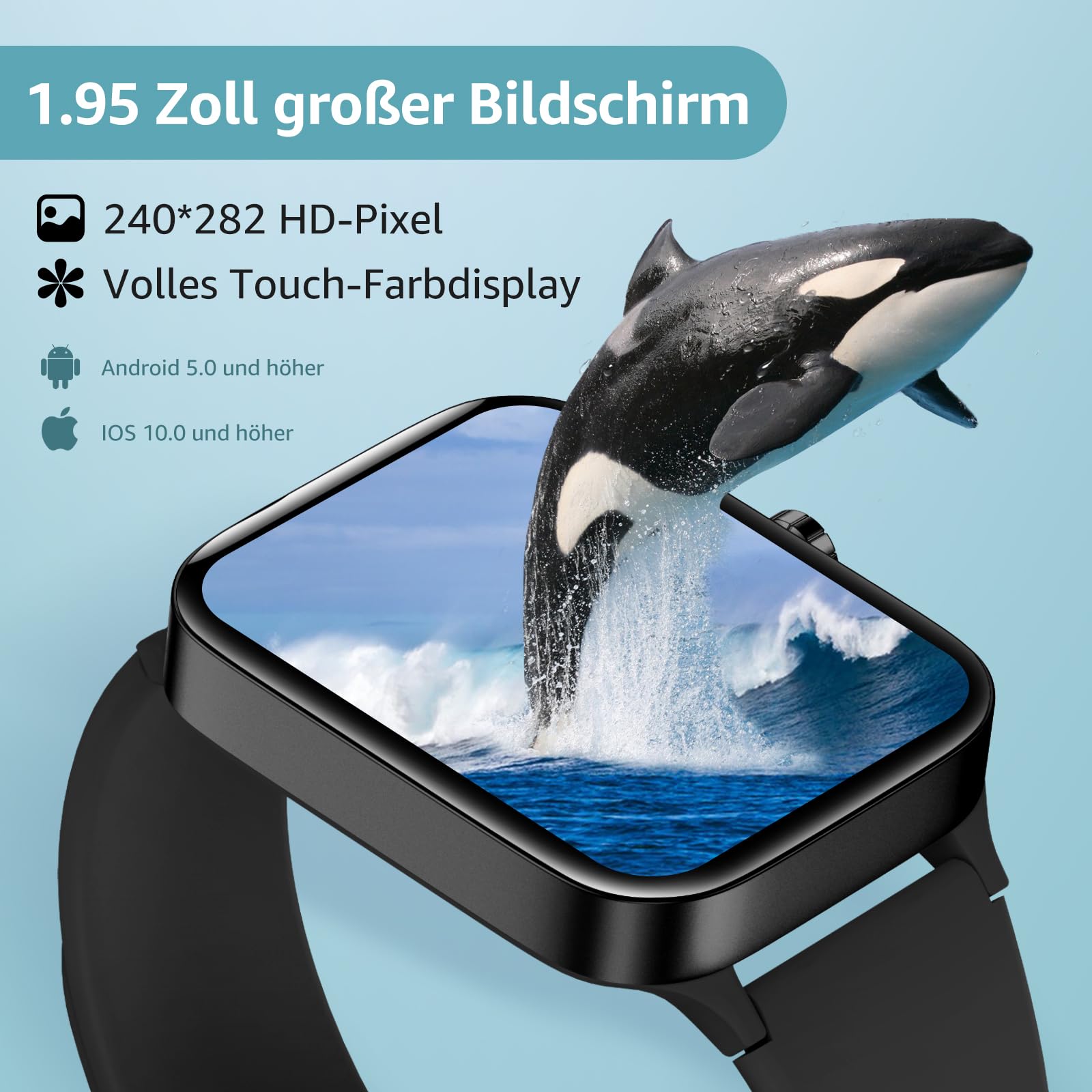 Smartwatch Damen Herren 1.95 Zoll Touchscreen Smart Watch Telefonfunktion 140+ Sportmodus Wasserdichter Fitness Tracker Schlafüberwachung Herzfrequenz Android iOS