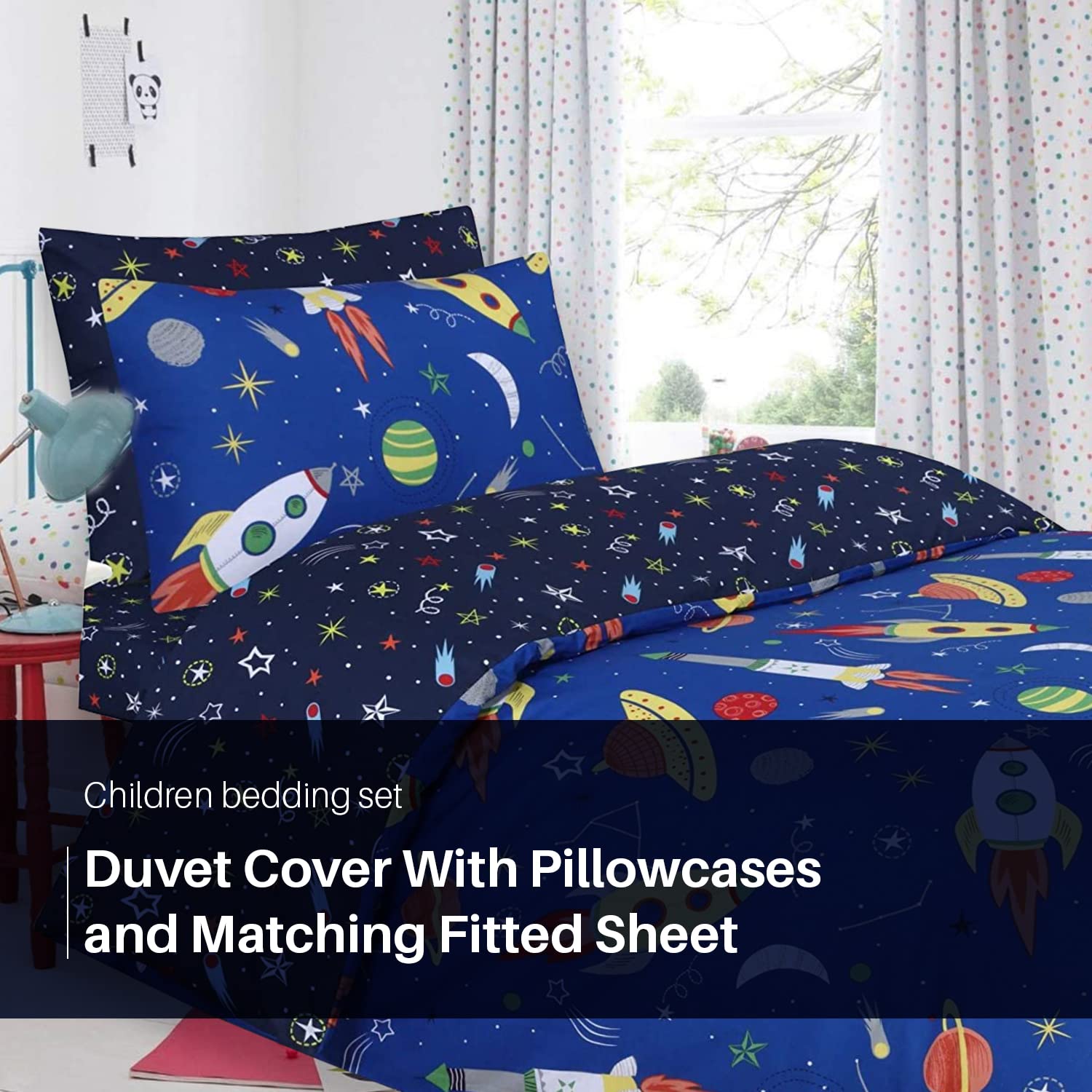 Indus Textiles Juego completo de funda de edredón para niños y niños, sábana bajera ajustable y fundas de almohada a juego, 100% algodón suave, reversible, azul espacial, juego completo individual