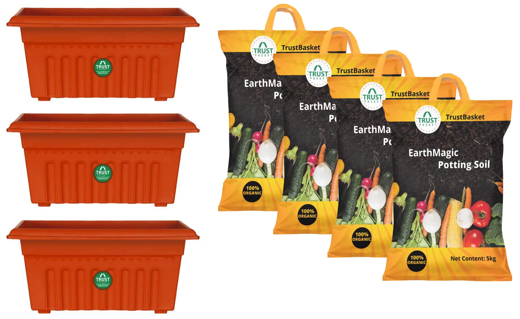 TrustBasket UV Treated Rectangular Plastic Planter(10 inches)-Set of 3 & Enriched Premium Organic Earth Magic Potting Soil Mix with Required Fertilizers for Plants- 20 KG, Brown
