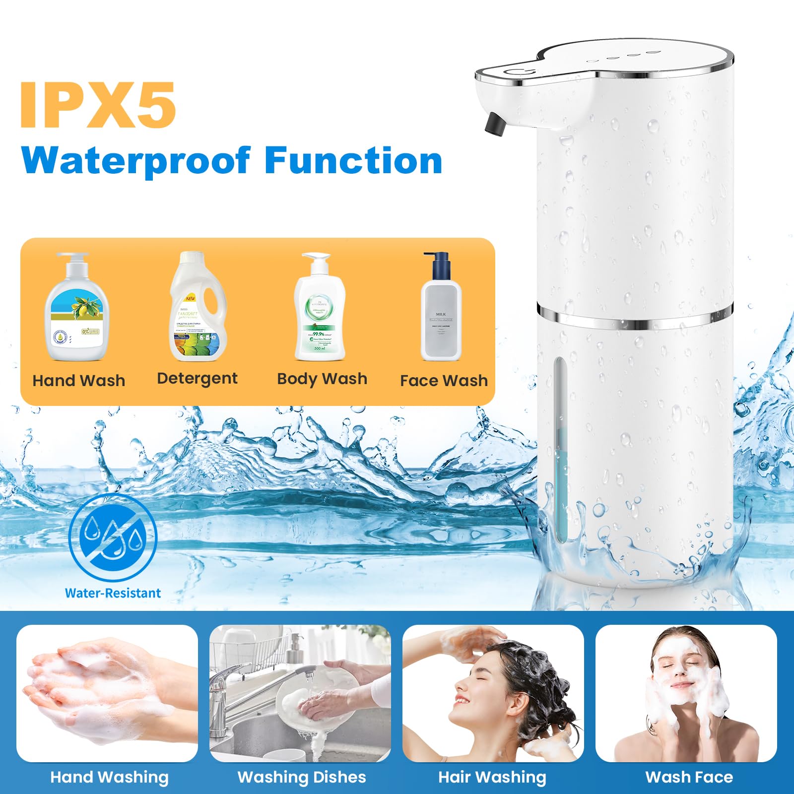 1200mAh Dispenser Sapone Automatico con Sensore,4 Livelli di Marcia Dispenser Automatico Sapone,Ricaricabile Tramite USB, IPX5 per Bagni,Cucine,Scuole