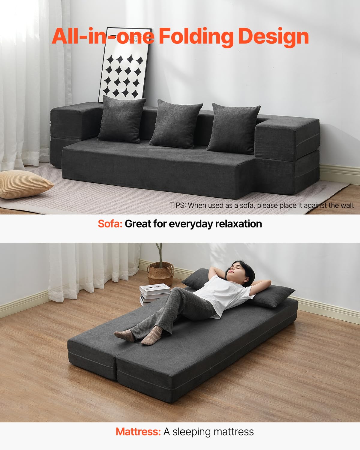 VEVOR Canapé-lit pliant 3 en 1, fauteuil-lit convertible pliable avec 3 oreillers et housse lavable, canapé-lit futon en mousse à mémoire de forme, pour salon, chambre, gris foncé, 103 x 193 cm (Twin)