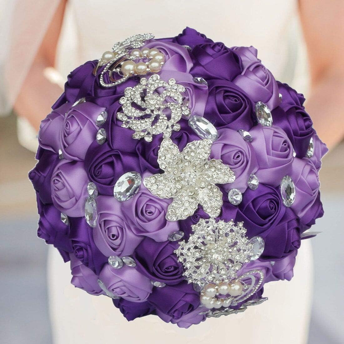 Wedding Bouquets Crystal Satin Rose Bride Bridal Bouquet Romantic Bridesmaid Holding Flower for Valentine's Day Confession Party Church Decor (Purple Lavender)