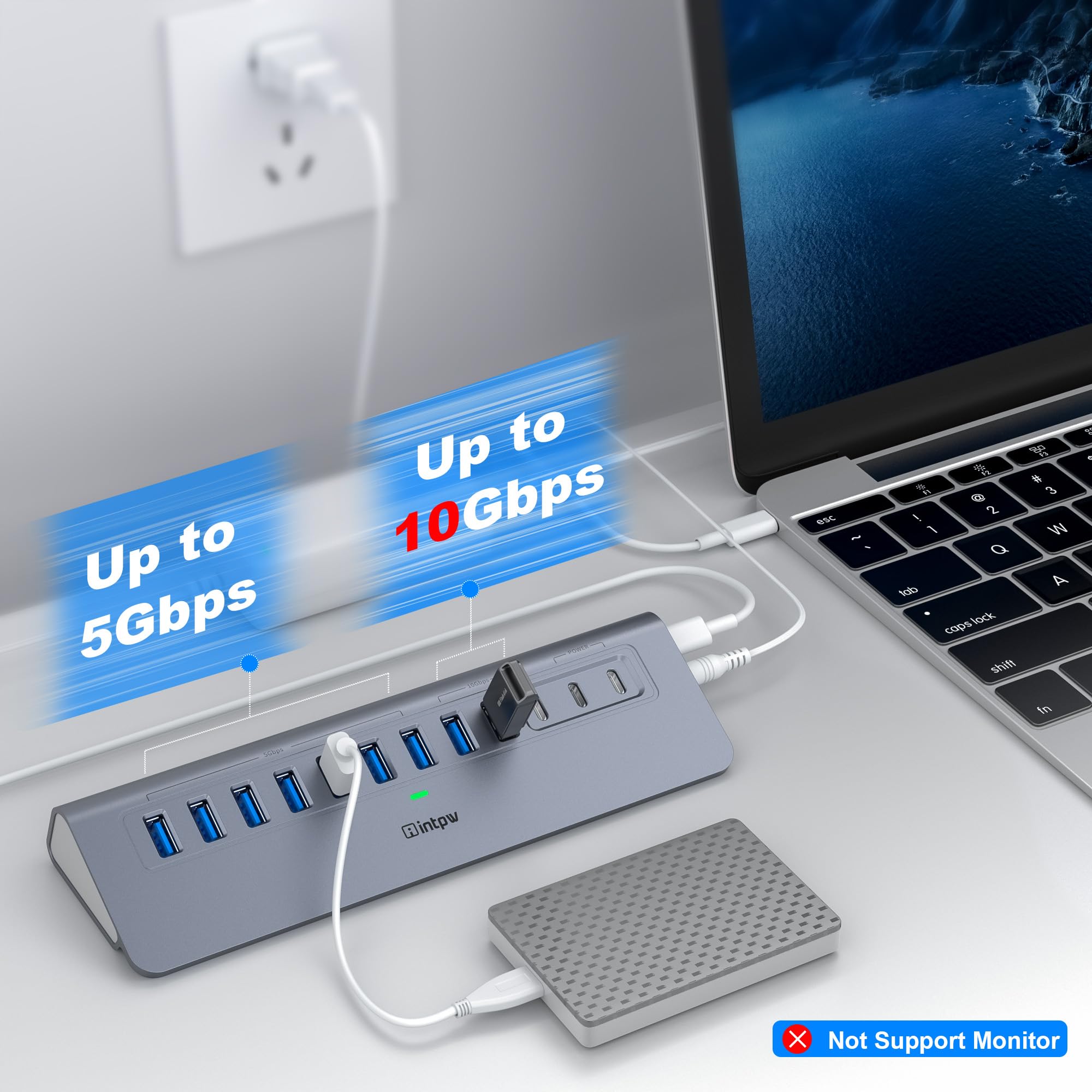 YH9AC - Concentrador USB alimentado de 10 Gbps, divisor USB de 12 puertos con USB A/USB C 3.2, 4 USB 3.0, 2 puertos de carga PD de 45 W, adaptador de corriente de 65 W + cable de 3.3 pies