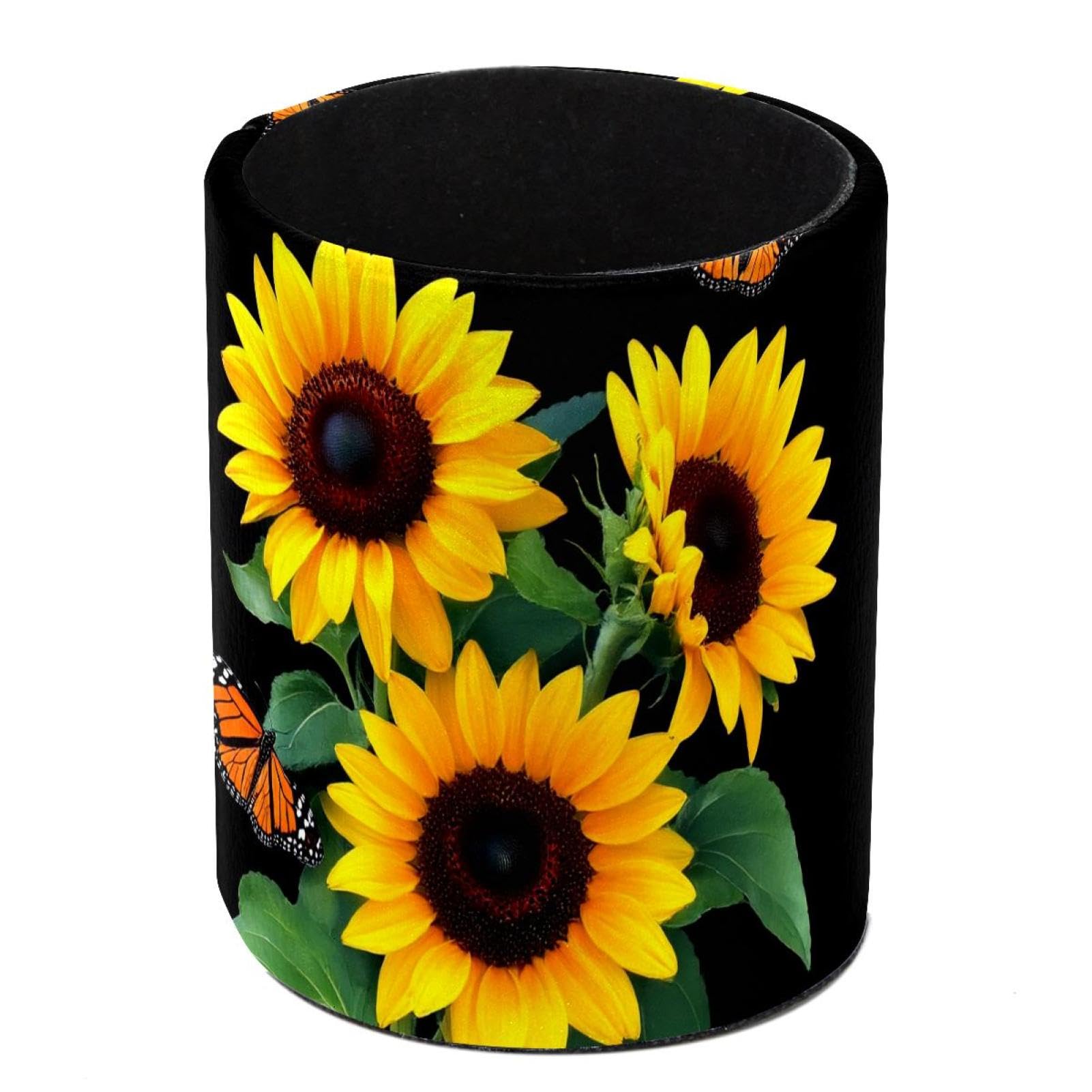 HEOEH Sunflowers Pen Holder for Desk, PU Leather Pencil Holder Pen Cup Marker Holder Makeup Brush Holders, Desk Accessories & Workspace Organizers for Home, Office