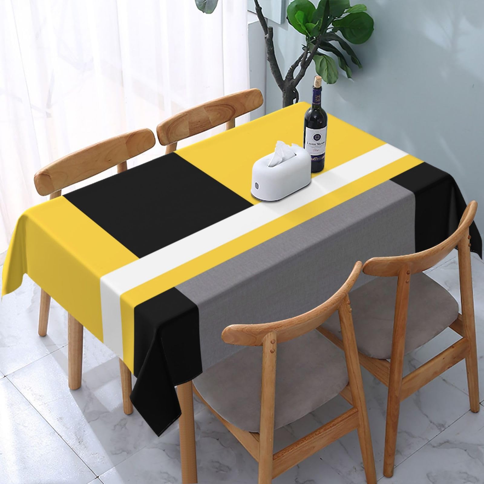 Poadnly Yellow Gray Black White Block, Tablecloth Waterproof Dust-Proof Tabletop Wrinkle Resistant Table Cover - 137 x 183 cm