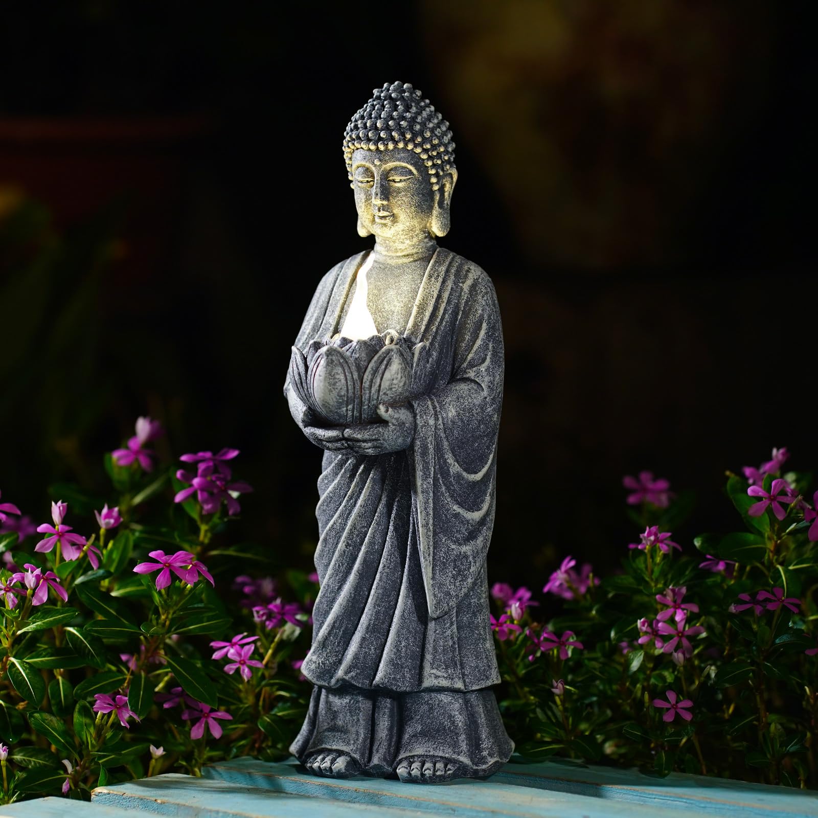 Yeomoo Statuetta di Buddha solare con podio di loto, decorazione a LED, 28 cm, resistente alle intemperie, per giardino, terrazza e soggiorno, regalo per donne, mamma e uomini (meditazione, yoga, feng