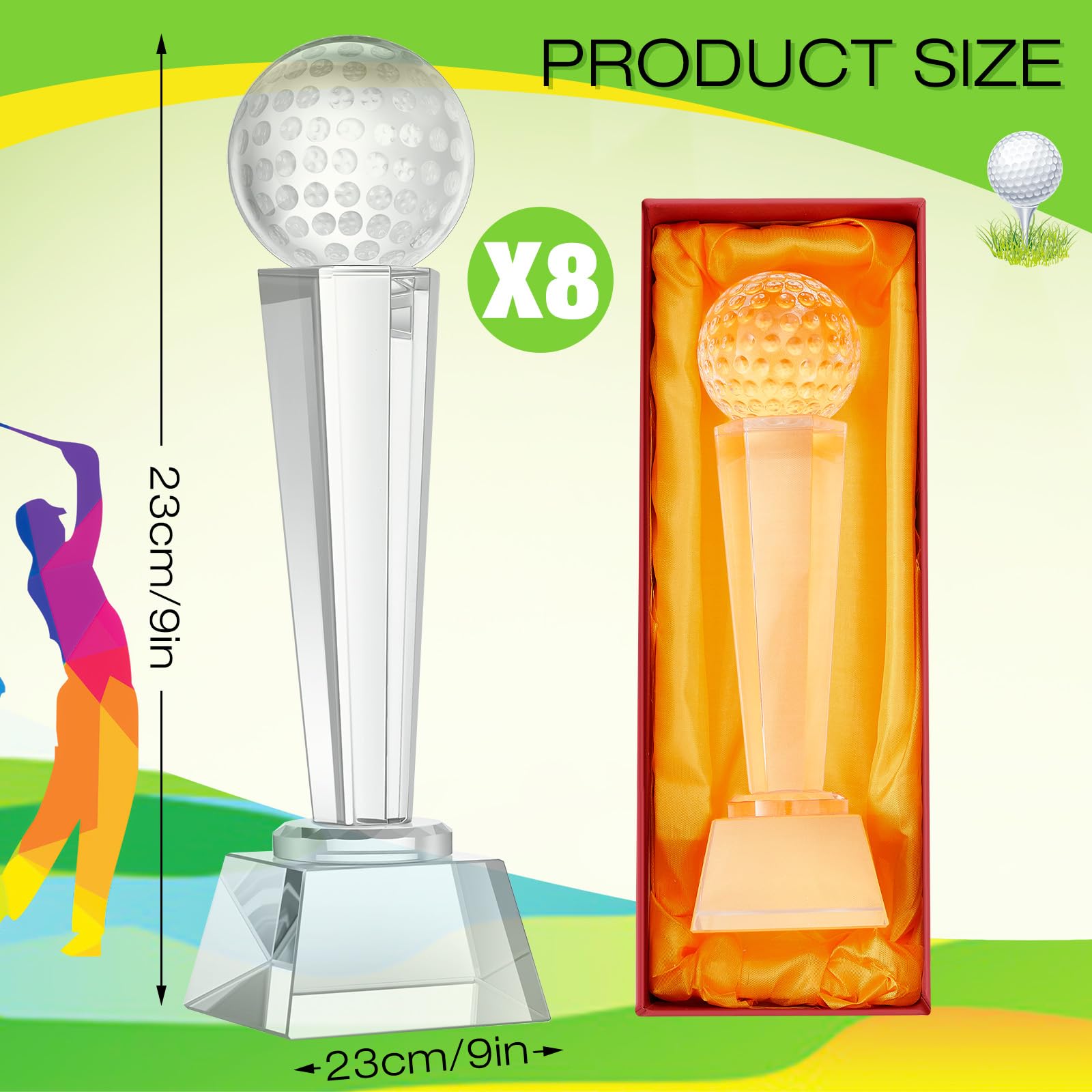 Meooeck Trofeo de golf de cristal de 8 piezas con caja de regalo de 9.1 x 2.8 pulgadas, premio de trofeo de golf, premio campeón para adultos y niños, mesa de escritorio, pisapapeles, decoración de