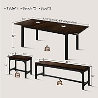 Vista 3 de Juego de mesa de comedor de 5 piezas para 4-6, juego de mesa de cocina extensible de 63" con 2 bancos y 2 taburetes, juego de mesa de comedor