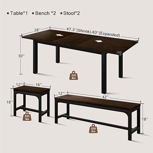 Miniatura 3 de Juego de mesa de comedor de 5 piezas para 4-6, juego de mesa de cocina extensible de 63" con 2 bancos y 2 taburetes, juego de mesa de comedor