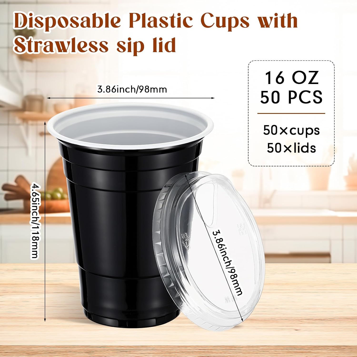 50set 16oz Plastic Cups Party Cups with Strawless Sip Lid, Black image 3