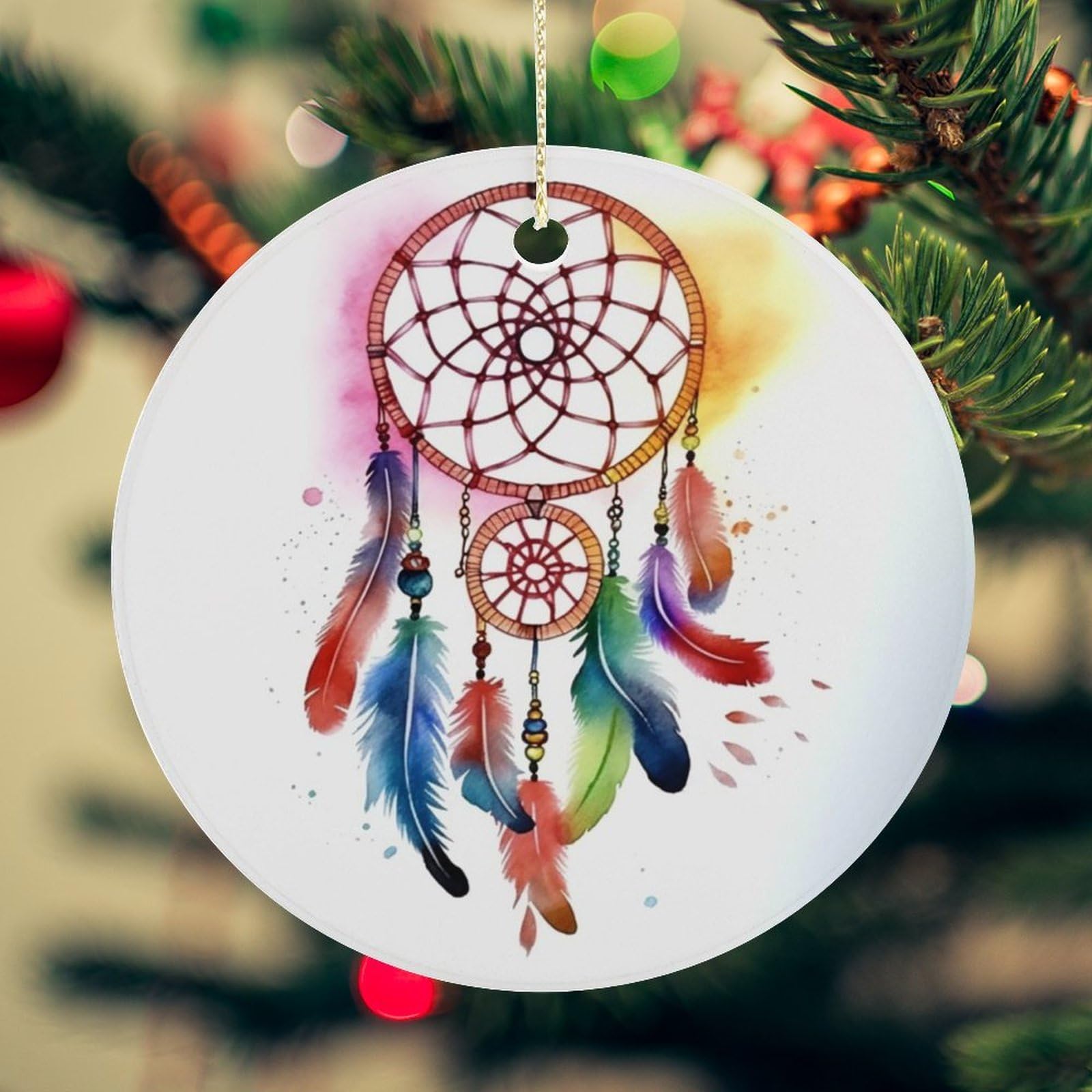 Watercolor Dream Catcher Christmas Ornament for Christmas Tree Ceramic Round Ornament Winter Holiday Keepsake Gift 2.7" Christmas Tree Hanging Decorations Circle Ceramic Pendant Xmas Gift