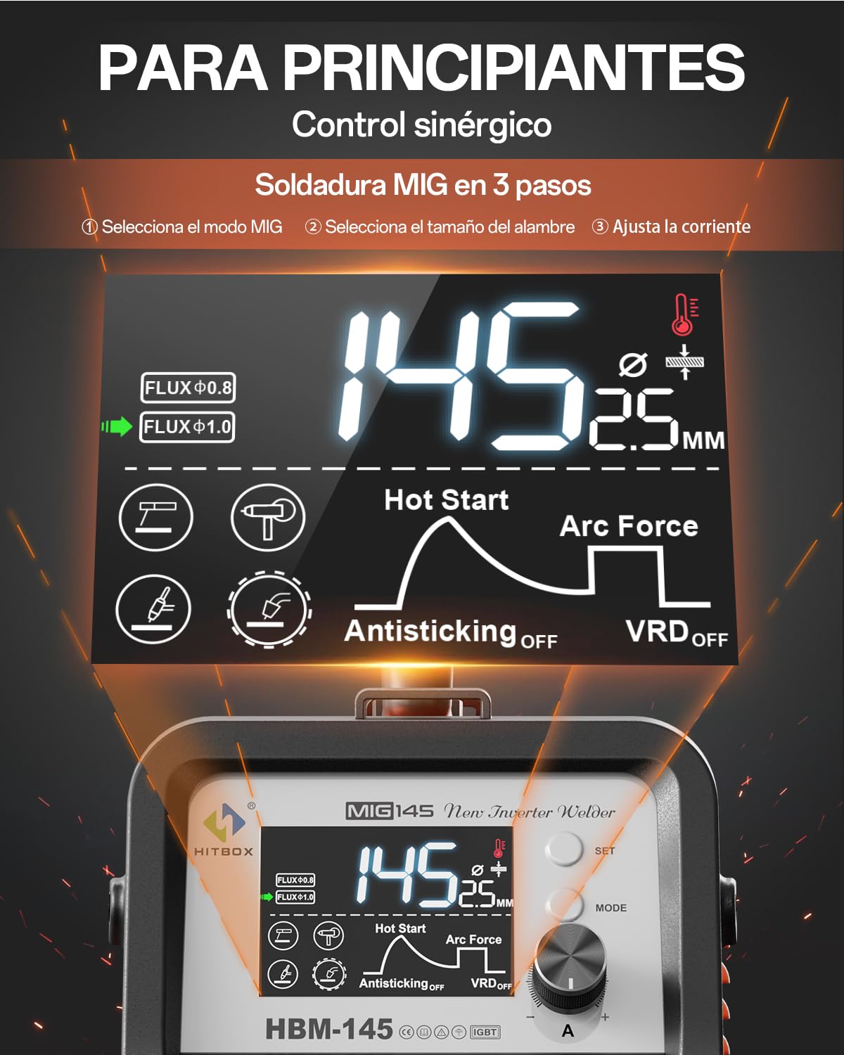 HITBOX Máquina de Soldar 145A 230V 4 en 1 Soldador de Hilo Sin Gas (MIG/MMA E-Hand/LIFT TIG/Spool Gun) Soldadora Inversor IGBT,Pantalla LED Acero al 0.8-1.0mm para Soldar Aleación, Acero, Hierro
