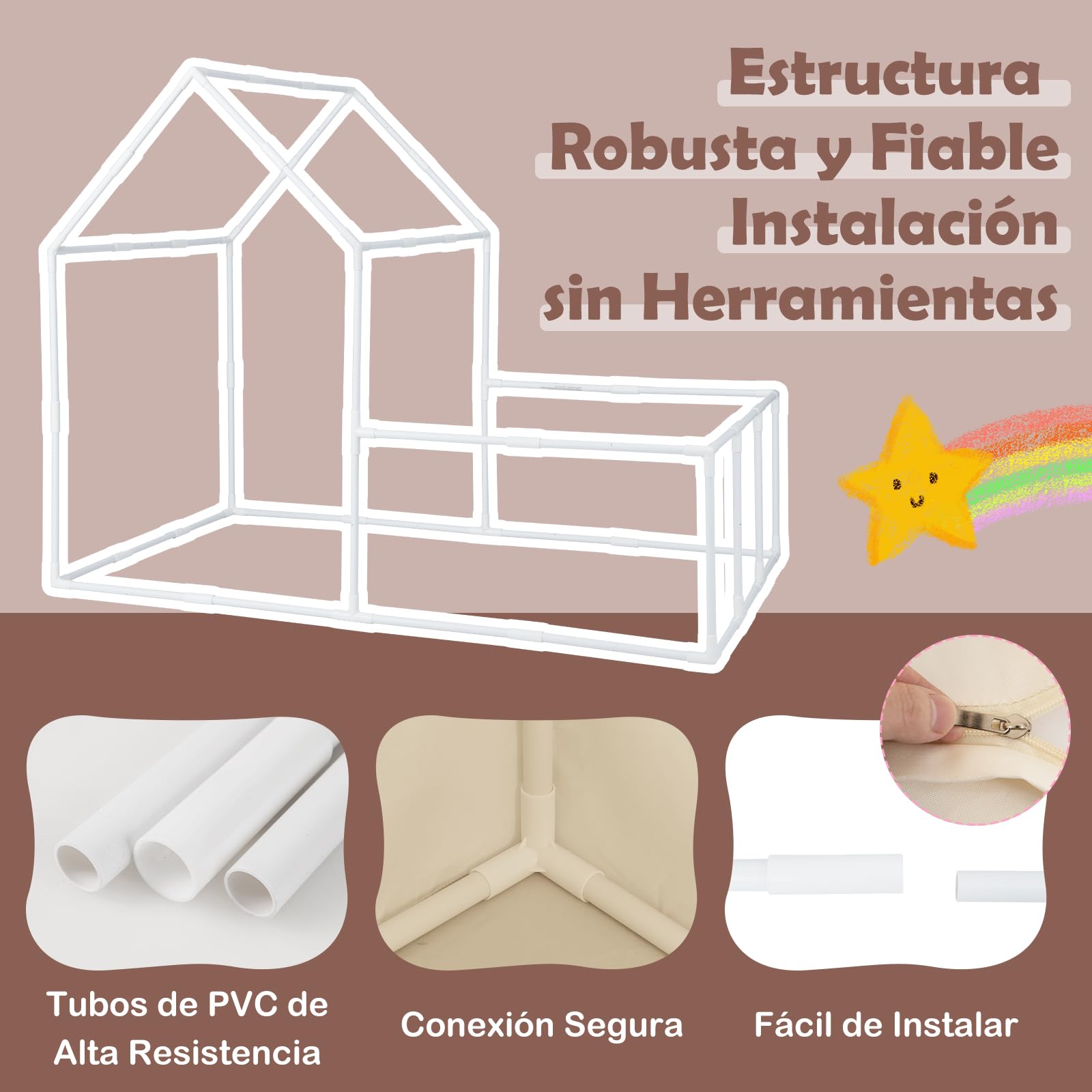 GOPLUS Tienda de Campaña Infantil con Parque, tipi Infantil Interior 2 en 1 con Patio, Luces Estrelladas, Alfombra de Algodón Lavable, Cortinas, Ventanas, Tienda de Juegos para Niños de 3+ Años (Café)