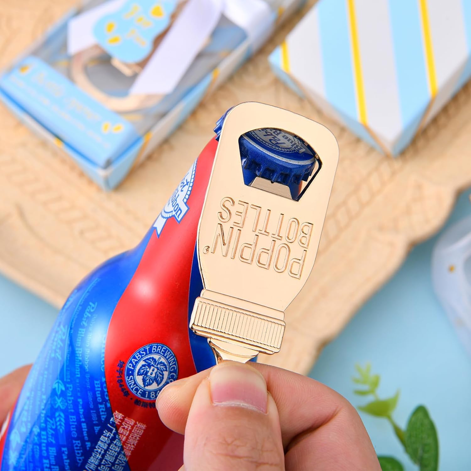 50Pcs 4in1 Baby Shower Party Favor Bottle Openers for Guests Popping Girl Bear Footprint Keychain Bottle Openers with Pink Gift Box for Return Souvenirs Gender Revea Theme Decoration (Blue)