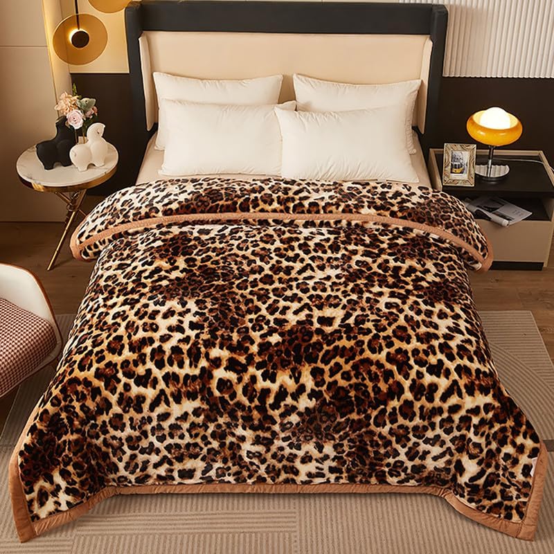 Mink Bed Blanket Queen Size 59 x 78.7 inches, 2 Ply Thick Plush Fleece Blankets with Leopard Pattern, Super Soft Cozy Microfiber Reversible Raschel Throw Blanket for Autumn Winter