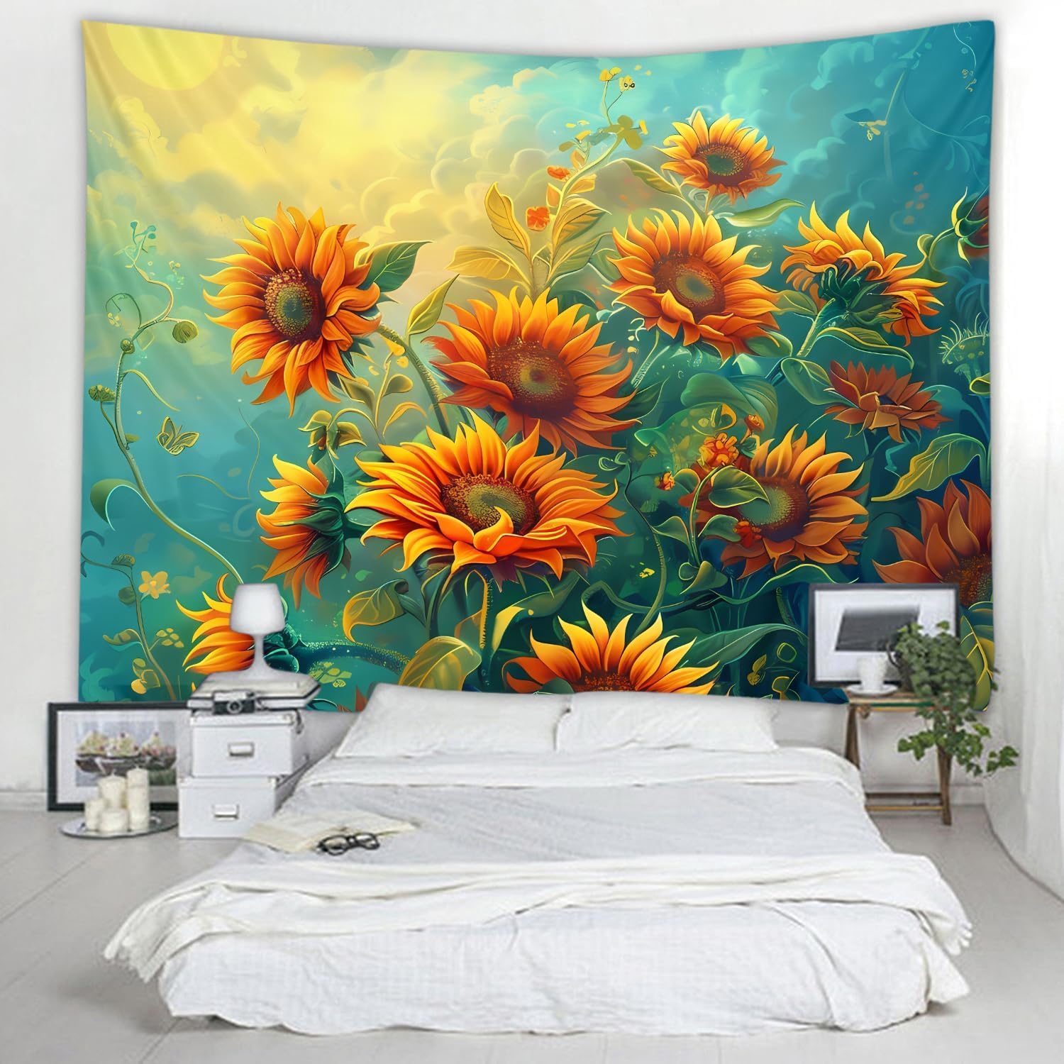 WODEJIAFANG Aesthetic Wall Fabric Wallpaper Decor Tapestry，Sunflower Theme Office Background Room Divider for Bedroom, Outdoor Garden Aesthetic 3D Tapestries Size 78 * 59 inches