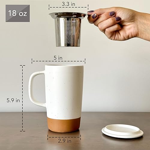 Miniatura 10 de Mora Ceramics - Taza de té grande con infusor de hojas sueltas y tapa de cerámica, 18 onzas, portátil, apta para microondas y lavavajillas, taza de