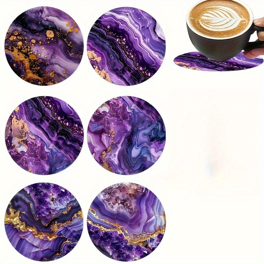 Image of 6pcs Coaster Set, Purple Pattern, Size 3.94 * 3.94- Heat Resistant, Suitable Holiday Parties, Coffee Shops, Bookstores, Kitchen Decoration, and Daily Home Decor