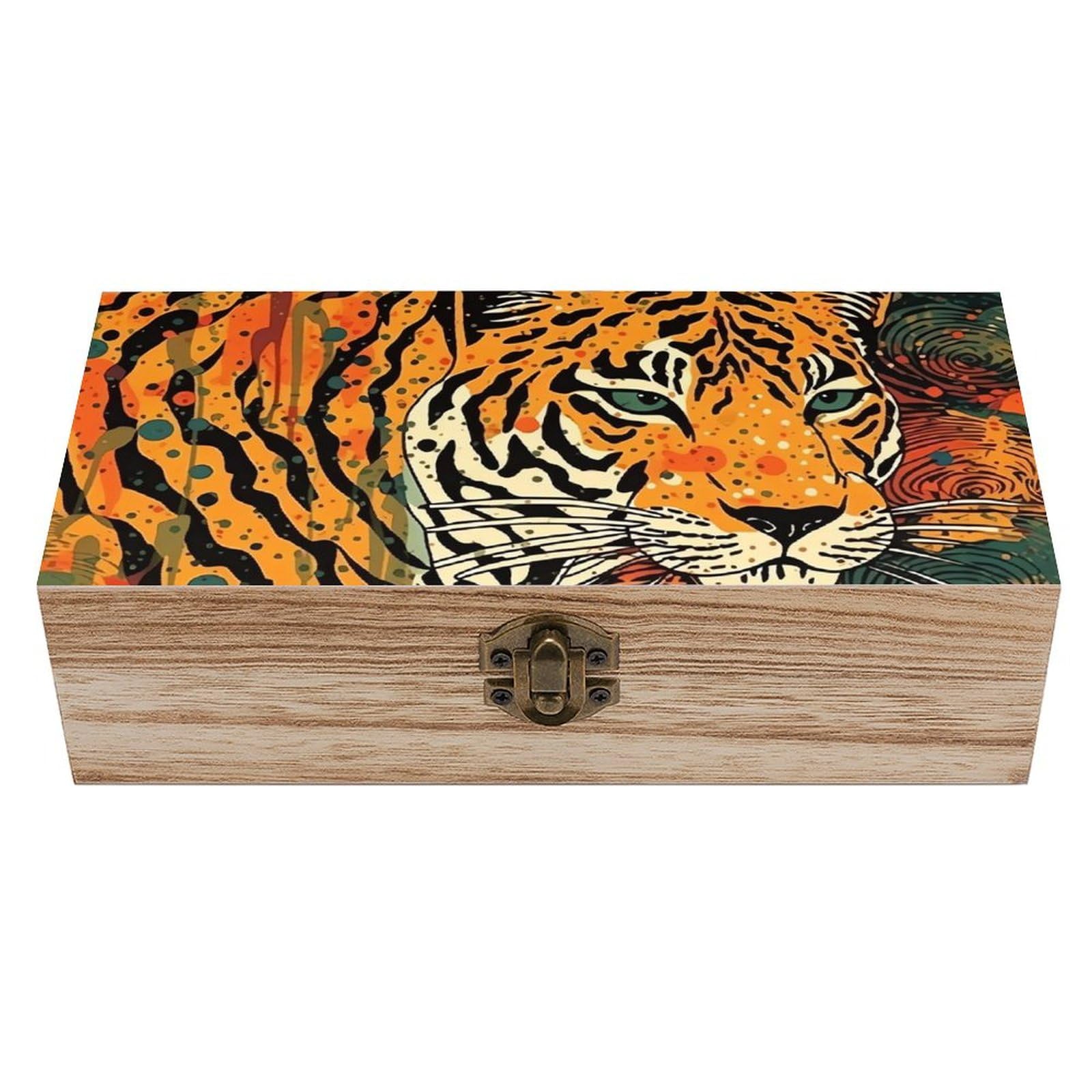 NTVOWPZO Wooden Storage Box Tiger Botanical Print Wood Gift Box with Hinged Lid Vintage Decorative Boxes Jewelry Memory Box for Jewelry Art Hobbies Home Storage Treasure Keepsake Gift