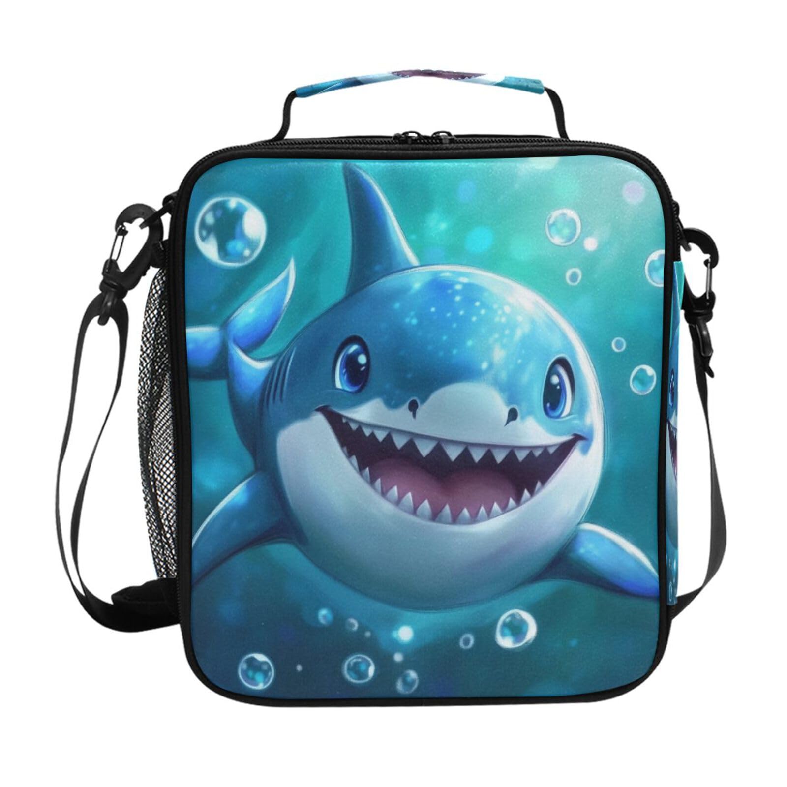 Cute Blue Shark Bubbles Lunch Box Insulated Lunch Bag Prep Kids Cooler Tote Freezable Shoulder Strap Waterproof Picnic