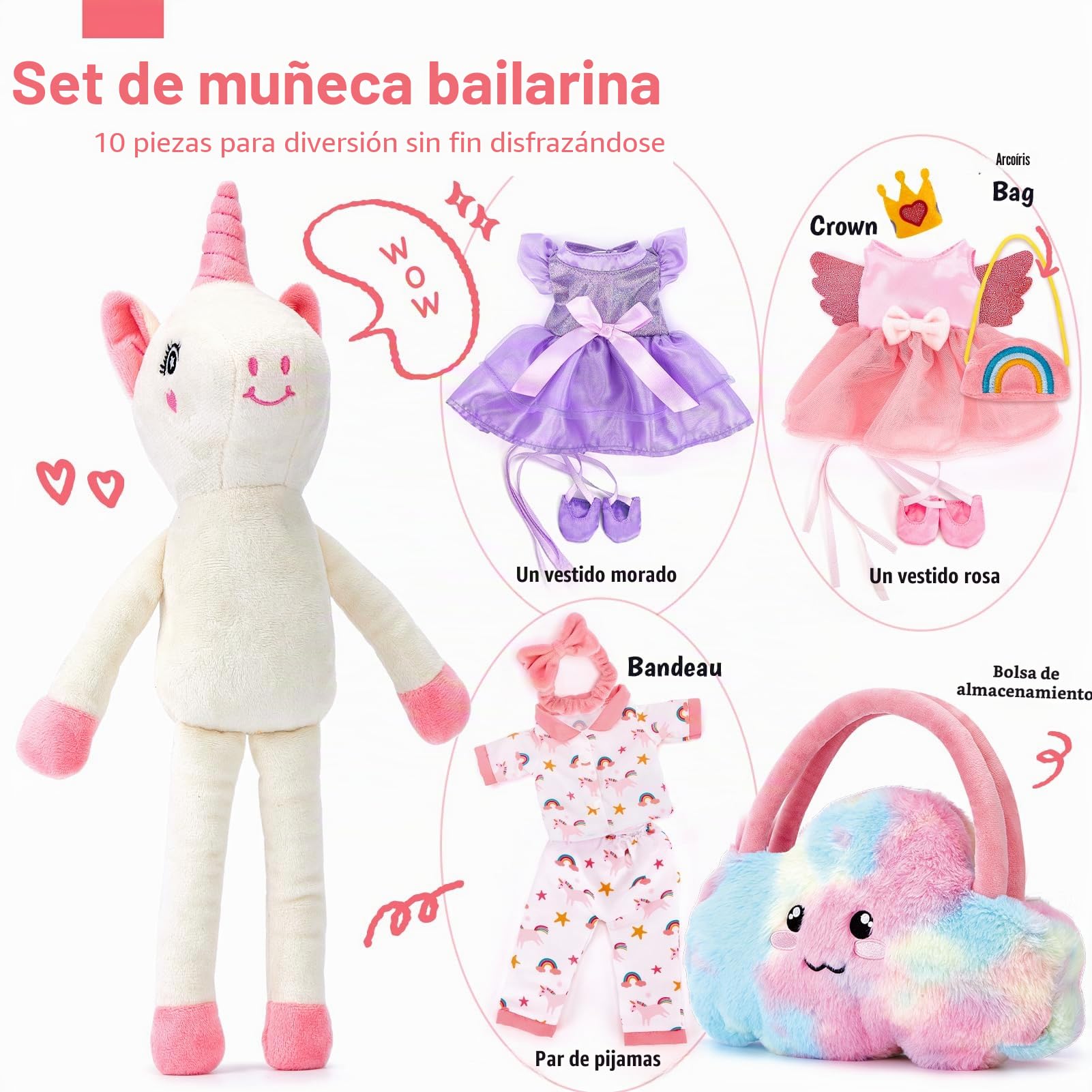 hahaland Unicornios Peluche Juguetes Niña 3 años - Muñeca para Vestir con 3 Set de Ropa y Bolsa, Unicornio Precioso Regalos Niña 3 4 5 6 años