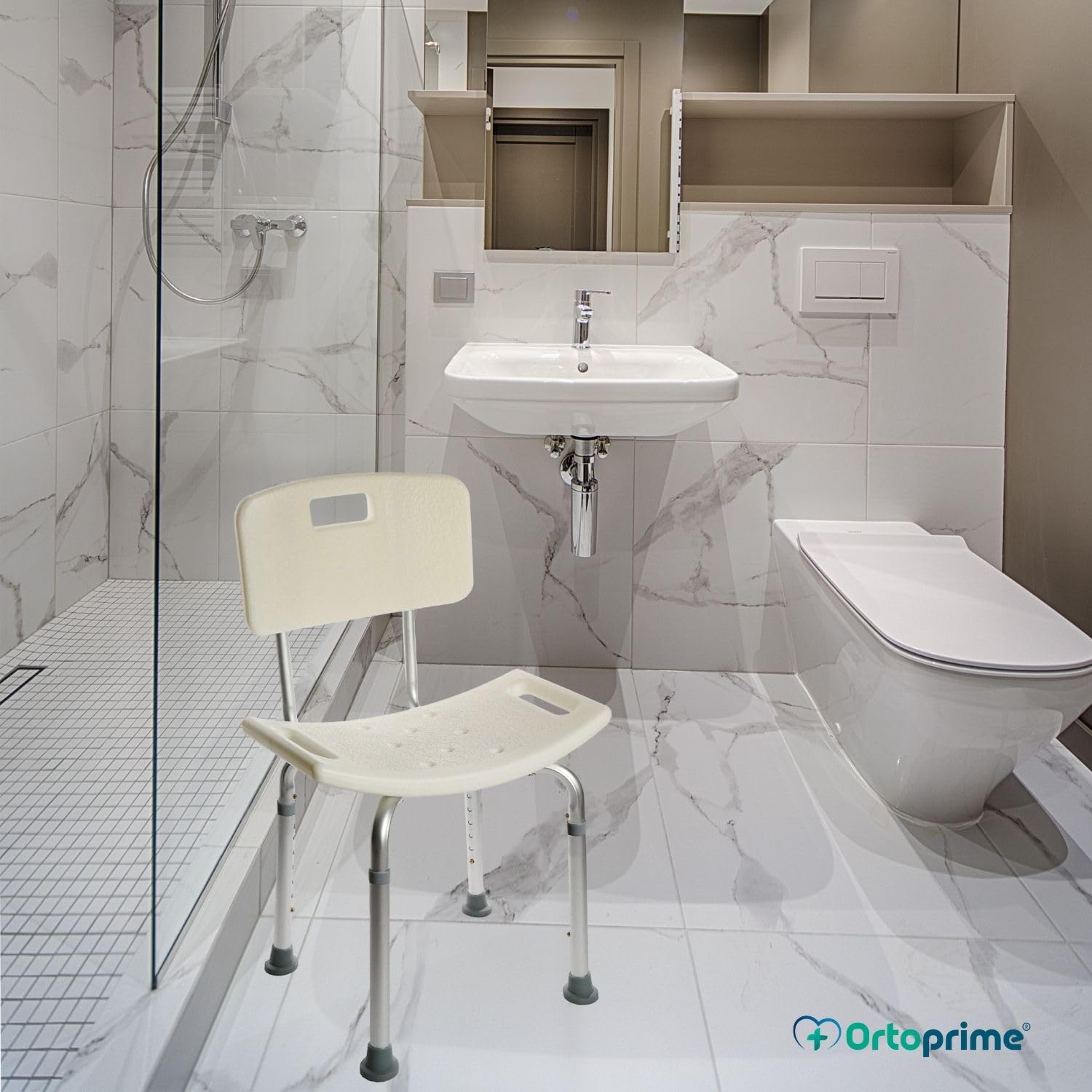 OrtoPrime Silla para Ducha Ortopédica - Taburete Baño con Respaldo - Asiento para Ducha Regulable en Altura - Silla para Ducha para Personas Mayores - Antideslizante Ducha