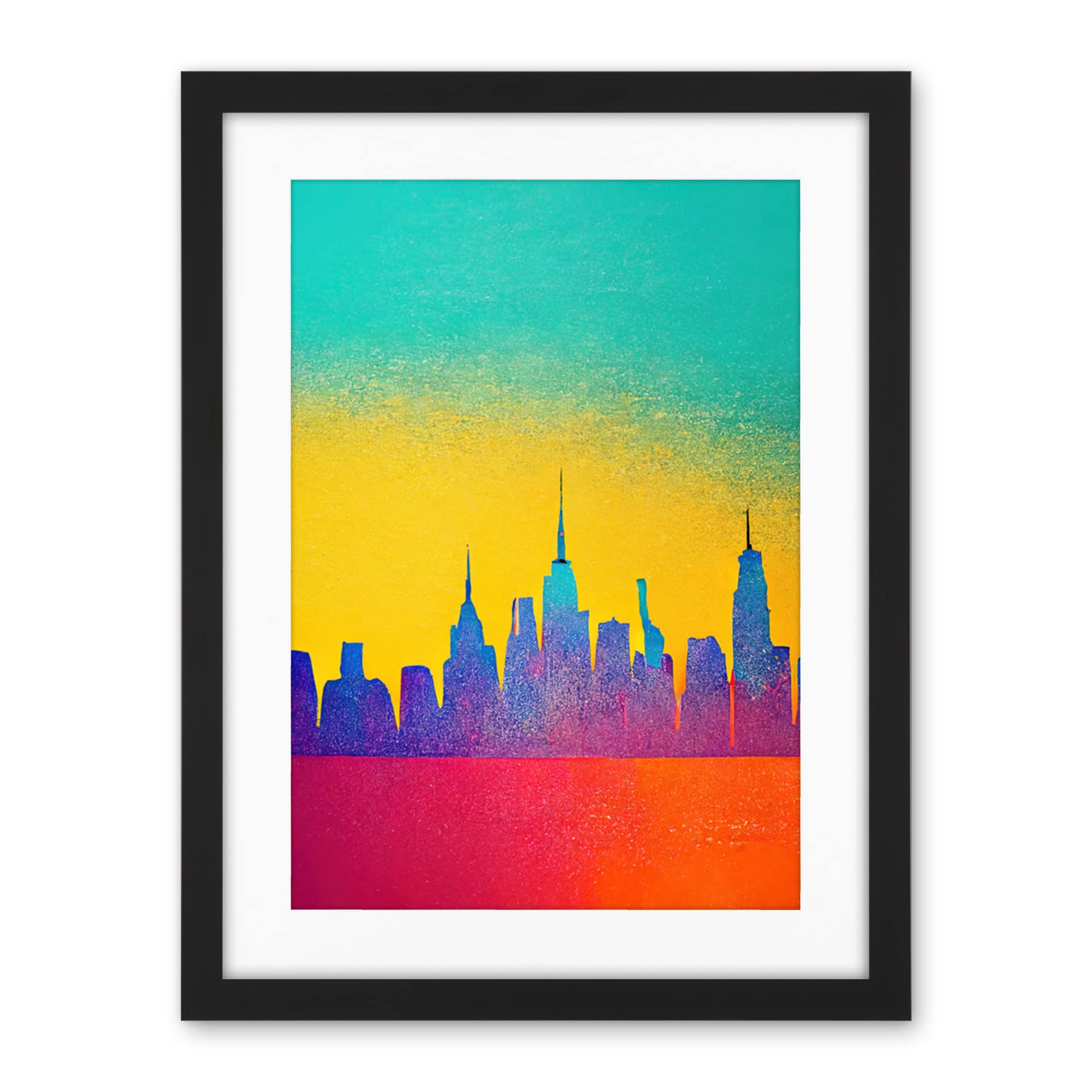 Wee Blue Coo Bright Colourful Abstract New York Skyline Cityscape Yellow Blue Coral Turquoise Artwork Framed Wall Art Print 18X24 Inch