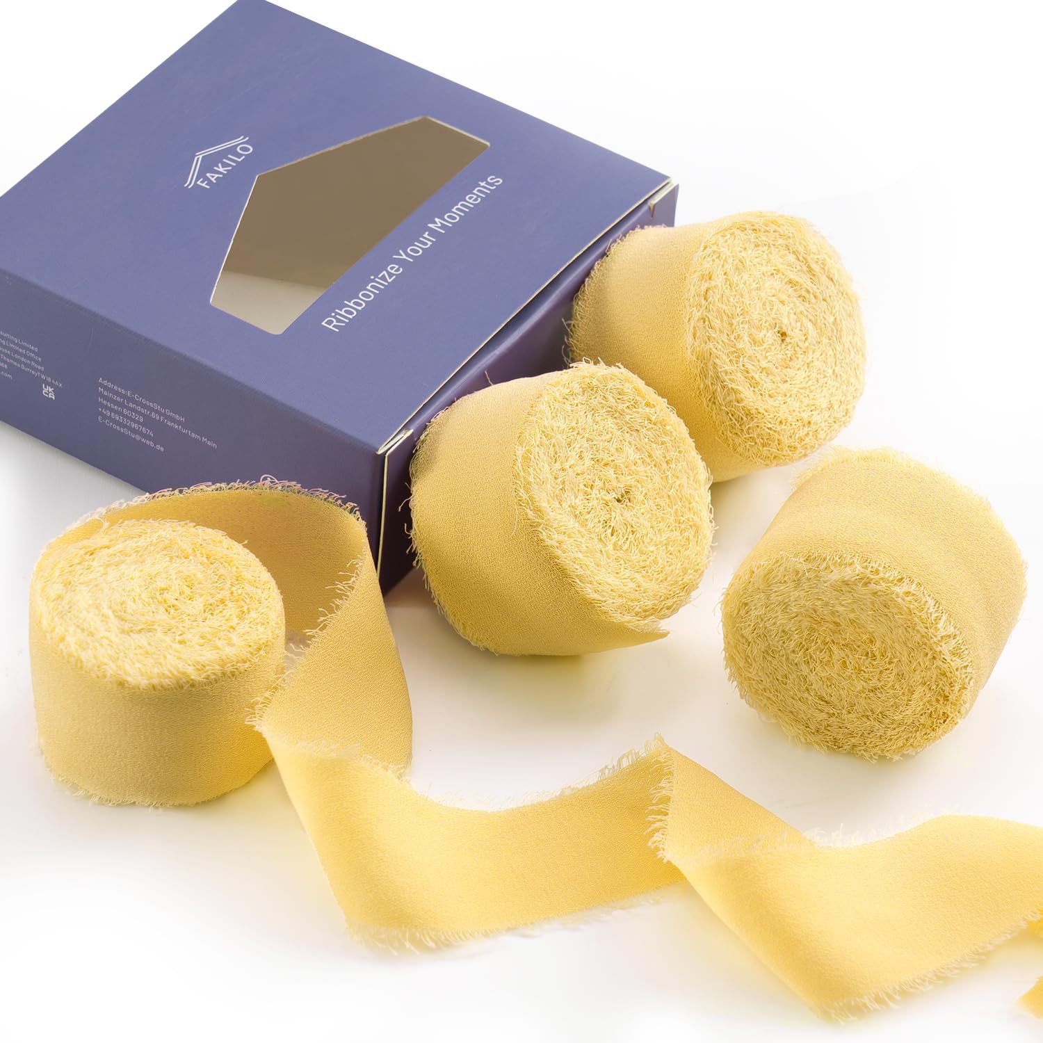 FAKILO Chiffon Ribbon with Frayed Edge, Yellow Silk Chiffon Ribbon 4 Rolls 1'' X 5 Yd for Wedding Invitations Bridal Bouquets