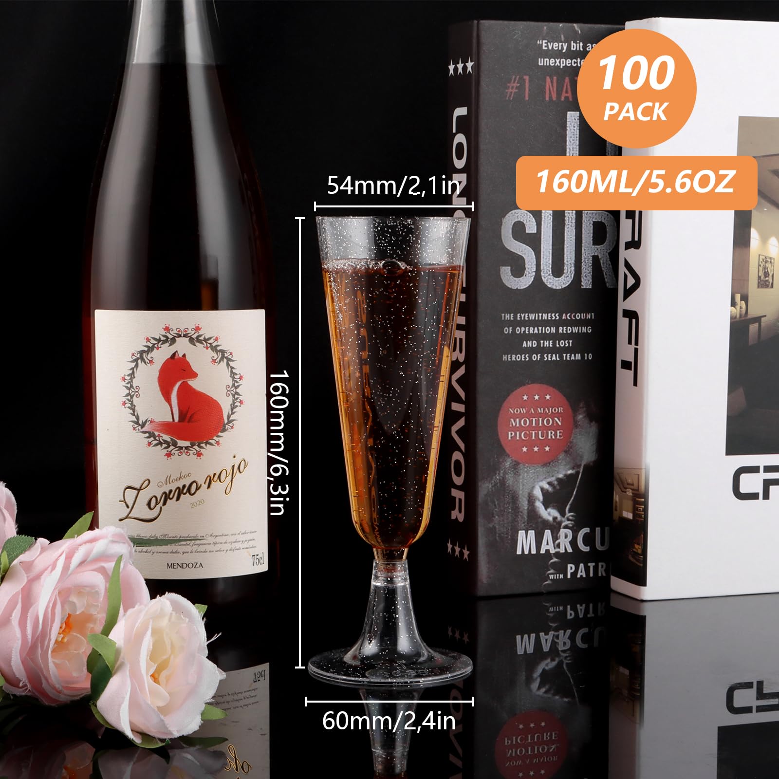 CYEER 100 sztuk plastikowych kieliszków do szampana, 160 ml, plastikowe kieliszki do szampana, jednorazowe, do układania w stos, na wesela, urodziny, imprezy, bal absolwentów i Boże Narodzenie