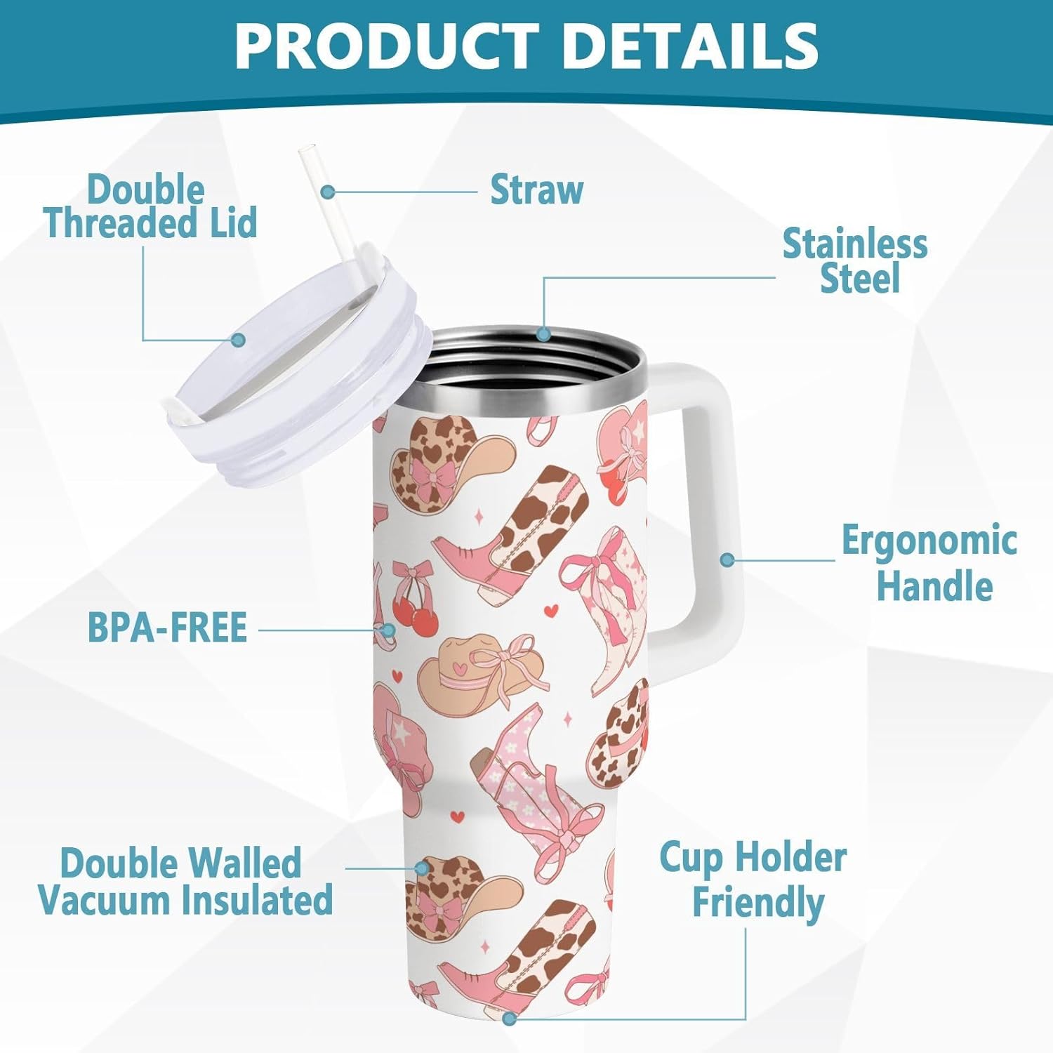 30 oz Tumbler Western Pink Cowgirl Boots Hat Insulated Travel Mug Stainless Steel Vacuum with Handle and Straw Lid Coffee Cup Tea Water Bottles for Sports Work Car Travel Hot Cold Drink - Image 4