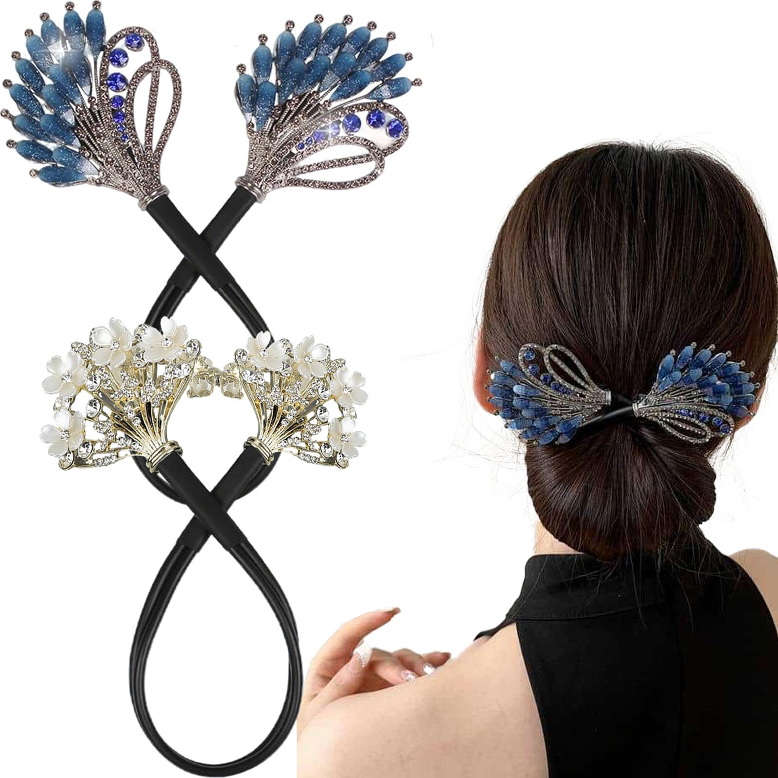 2Pcs Hair Bun Accessories For Women, Elegant Hair Bun Clip Set, Quick Styling Hair Accessories For Women Party, Secure Bun Clips For Womens, Korean Hair Accessories Style, Blue And Gun Gold-image-38