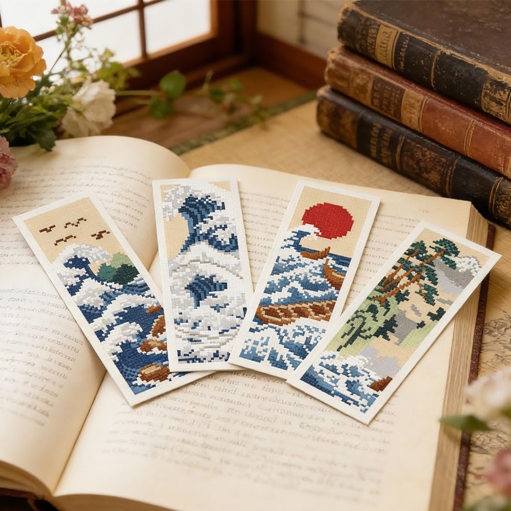 INFUNLY 6Pcs Ukiyo-E Cross Stitch Bookmark Kit 3x8.5 Inch Cotton Linen Pre-Printed Japanese Wave Embroidery Starter Set with Backing Felt for Book Lovers Gift